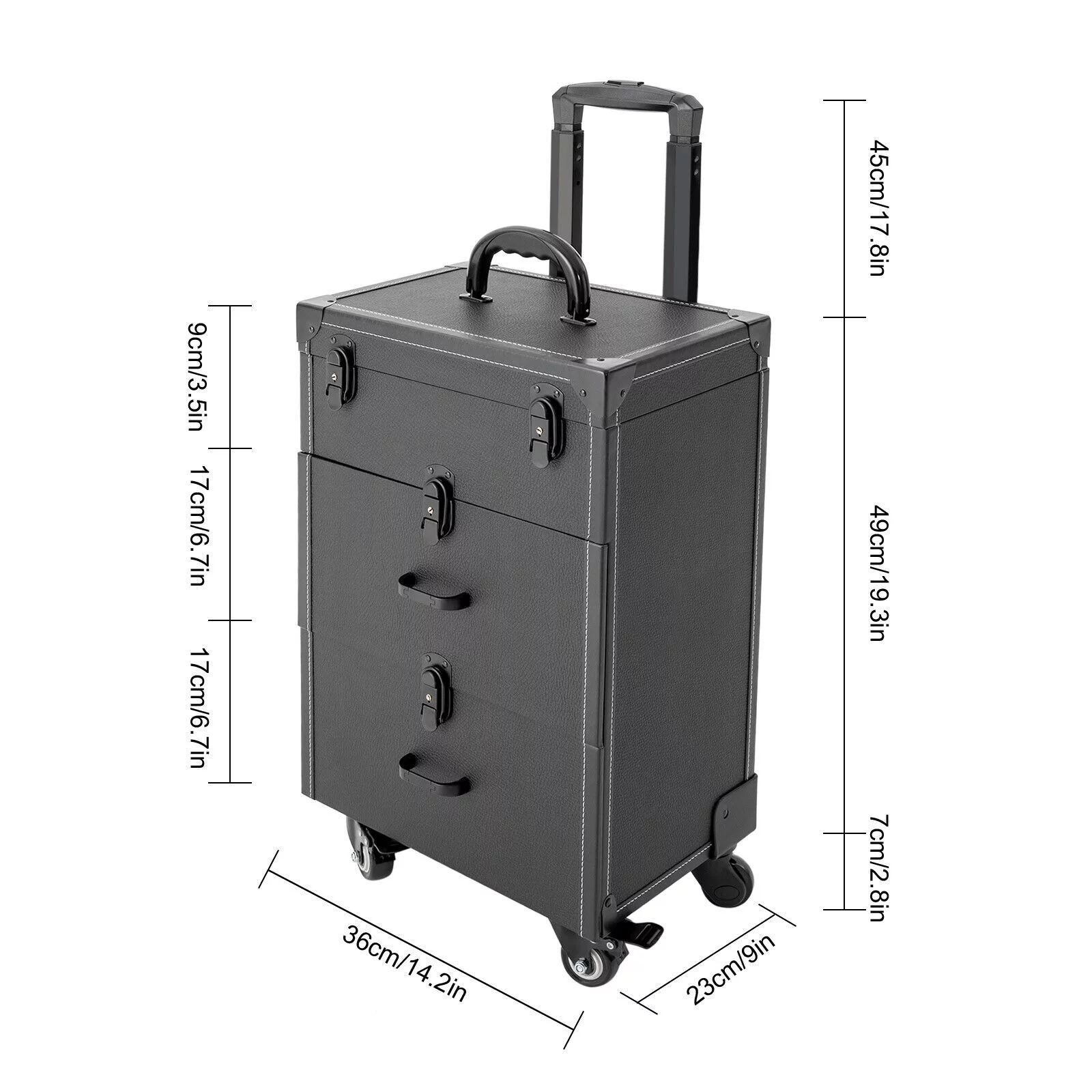 Denest Rolling Train Case Aluminum Trolley Professional Cosmetic Organizer Box w/Drawer