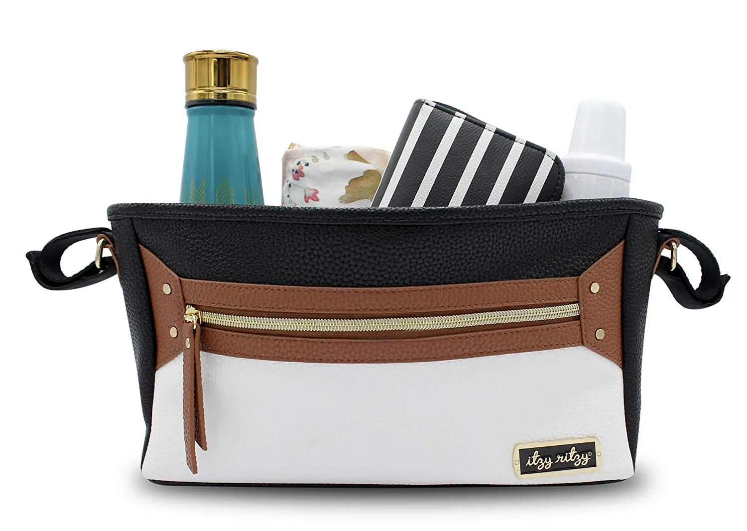 Itzy Ritzy Adjustable Stroller Caddy / Organizer - Stroller Organizer Bag Featuring Front Zippered Pocket, 2 Built-In Interior Pockets & Adjustable Straps to Fit Nearly Any Stroller (Coffee and Cream) Coffee & Cream