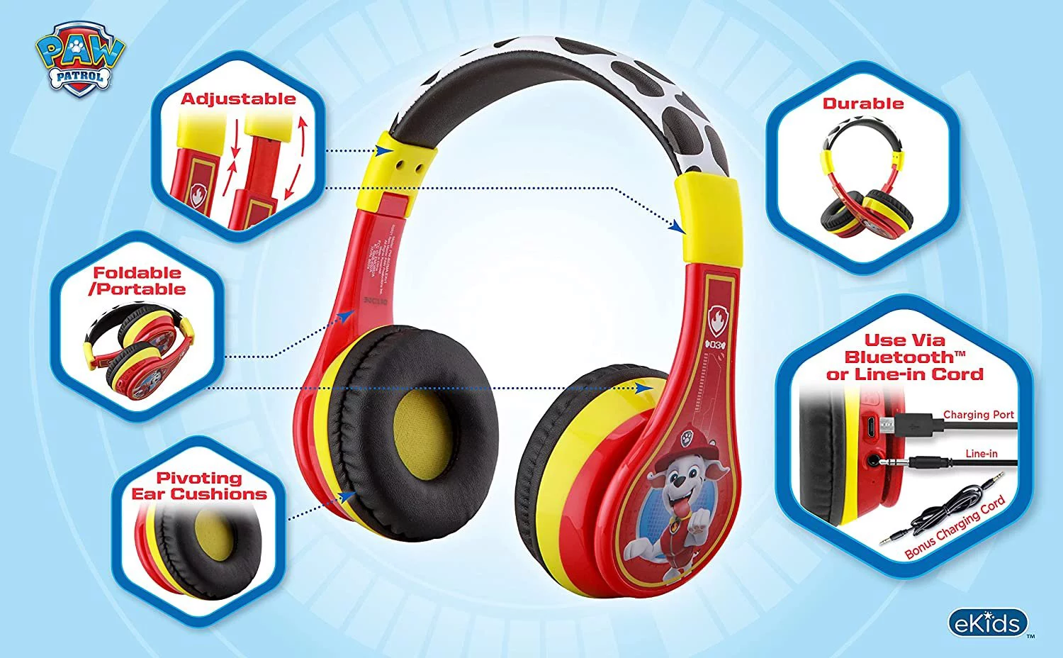 Paw Patrol Marshall Bluetooth Headphones for Kids with Microphone