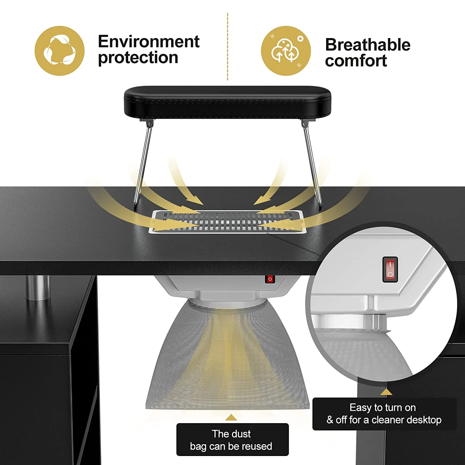 YiSHOP Manicure Table, Nail Beauty Manicure Desk Nail Table Station for Nail Tech w/Electric Downdraft Vent, Foldable Nail Arm Rest, Lockable Wheels, Storage 3-Tier Shelves & Drawers (Black)