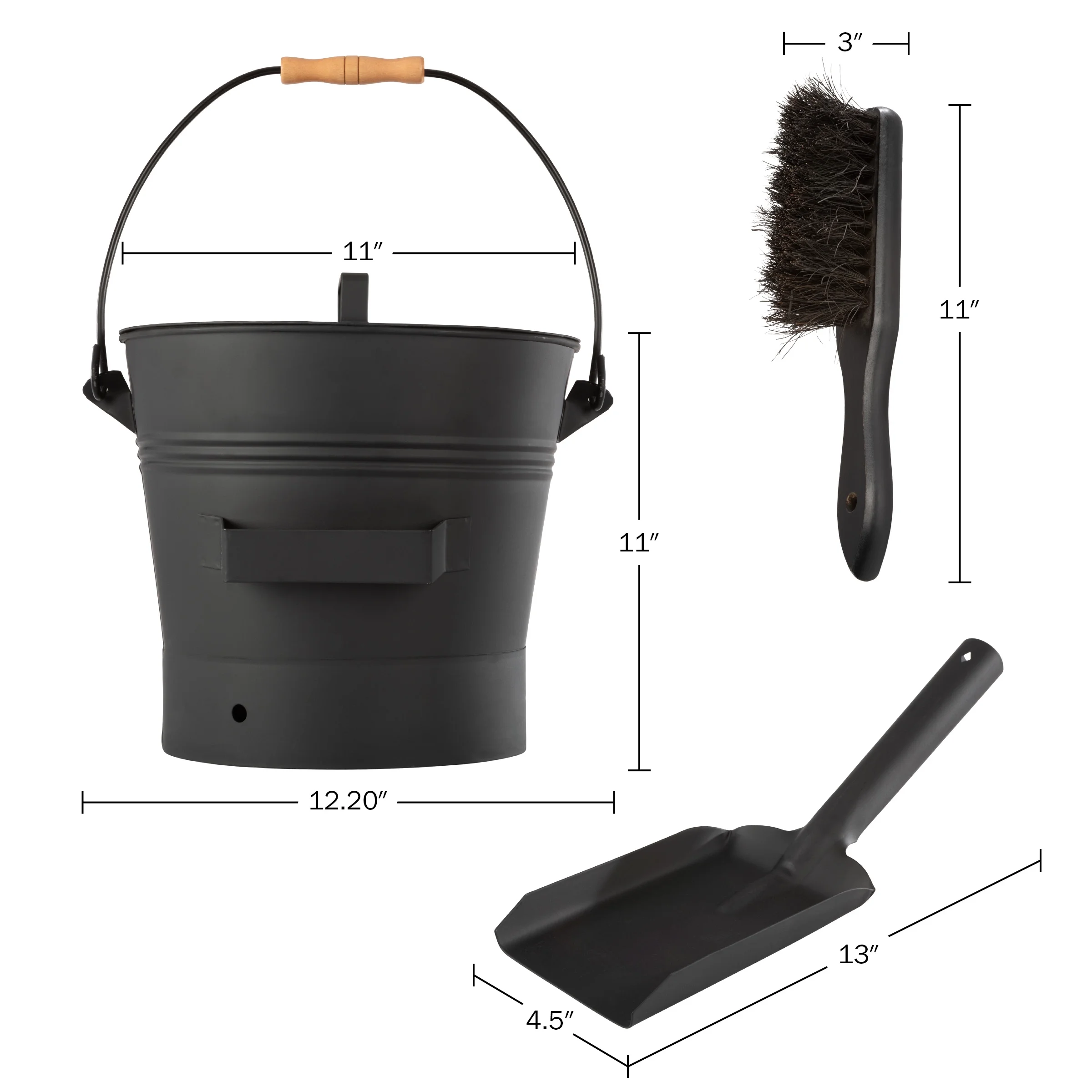 Pure Garden 2.11Gal Metal Ash Bucket with Lid, Broom, and Shovel (Black)