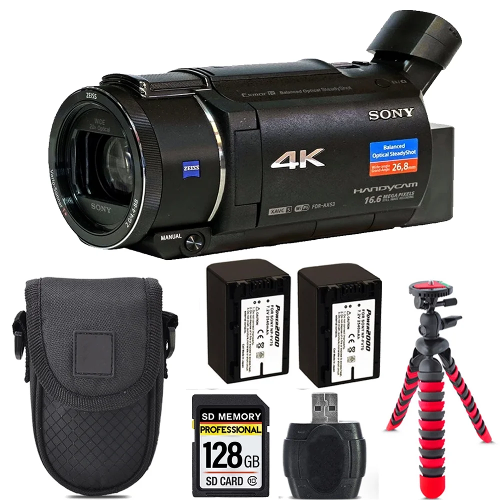 Sony FDR-AX53 4K Ultra HD Handycam Camcorder FDRAX53/B + Extra Battery +Tripod + Case -128GB Kit