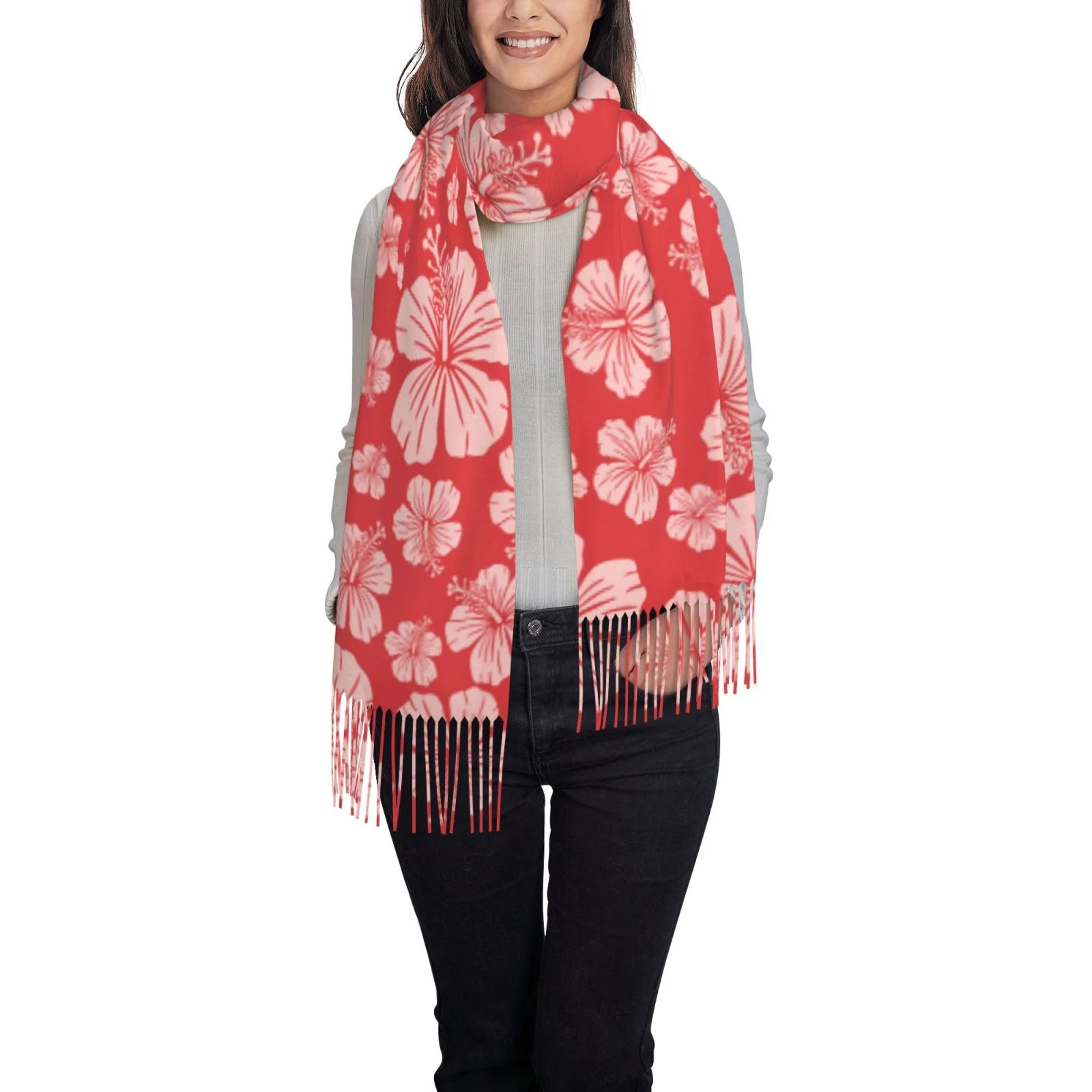 Ocsxa Scarf Shawl Wraps For Women Soft Cashmere Scarf Red Hibiscus Flower Printed Large Blanket Scarf