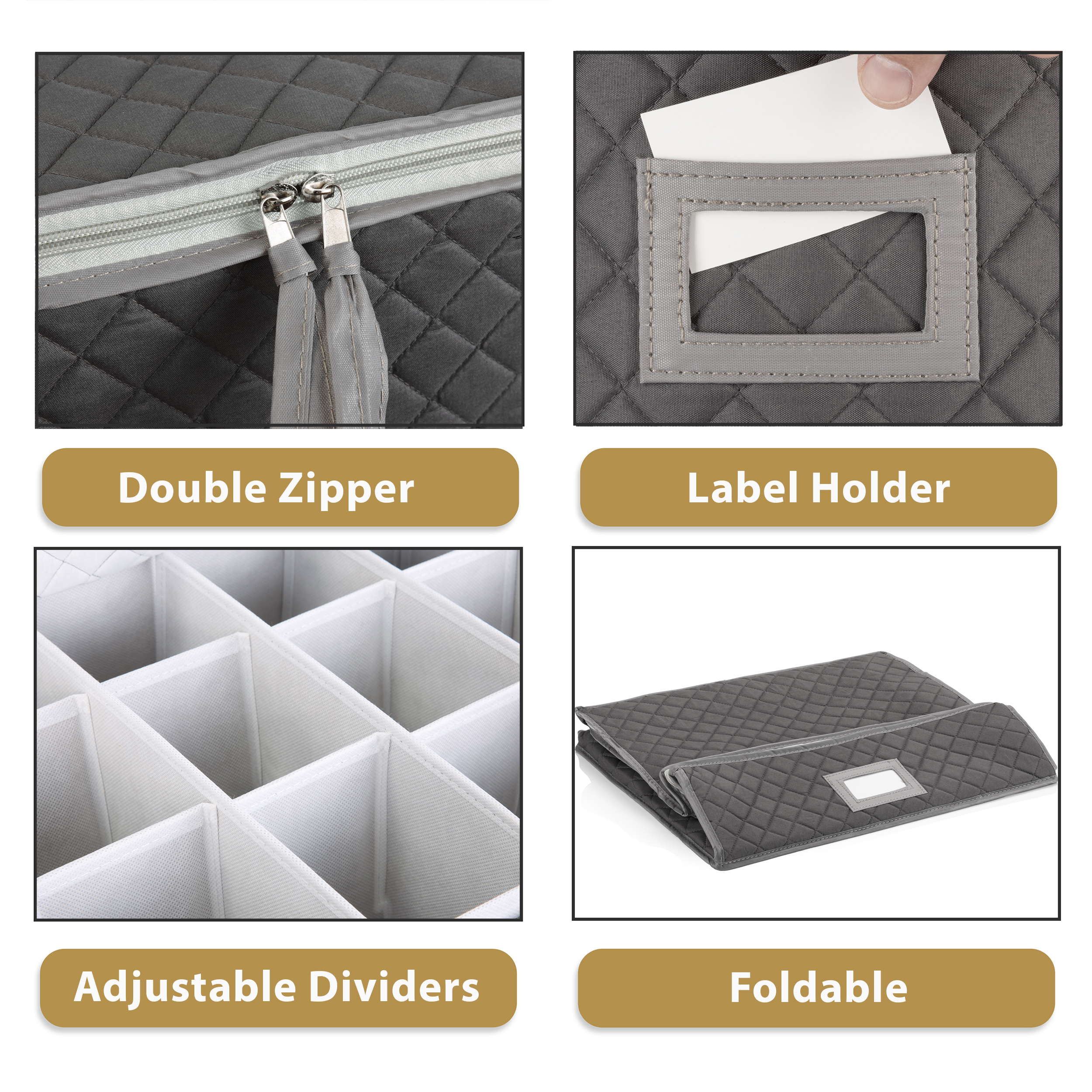 China Cup Storage Chest - Quilted Fabric Container in Gray Measuring 16