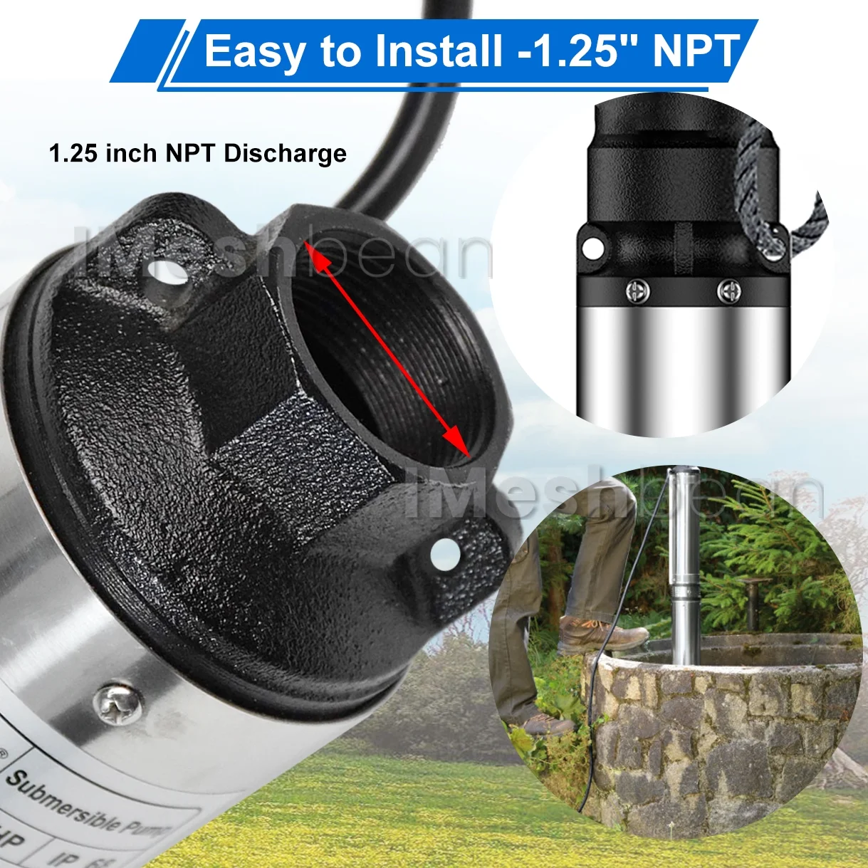 iMeshbean Deep Submersible Well Pump 1HP 220V,207ft Head 33GPM with 100ft Cord,Submersible Well Pump 4