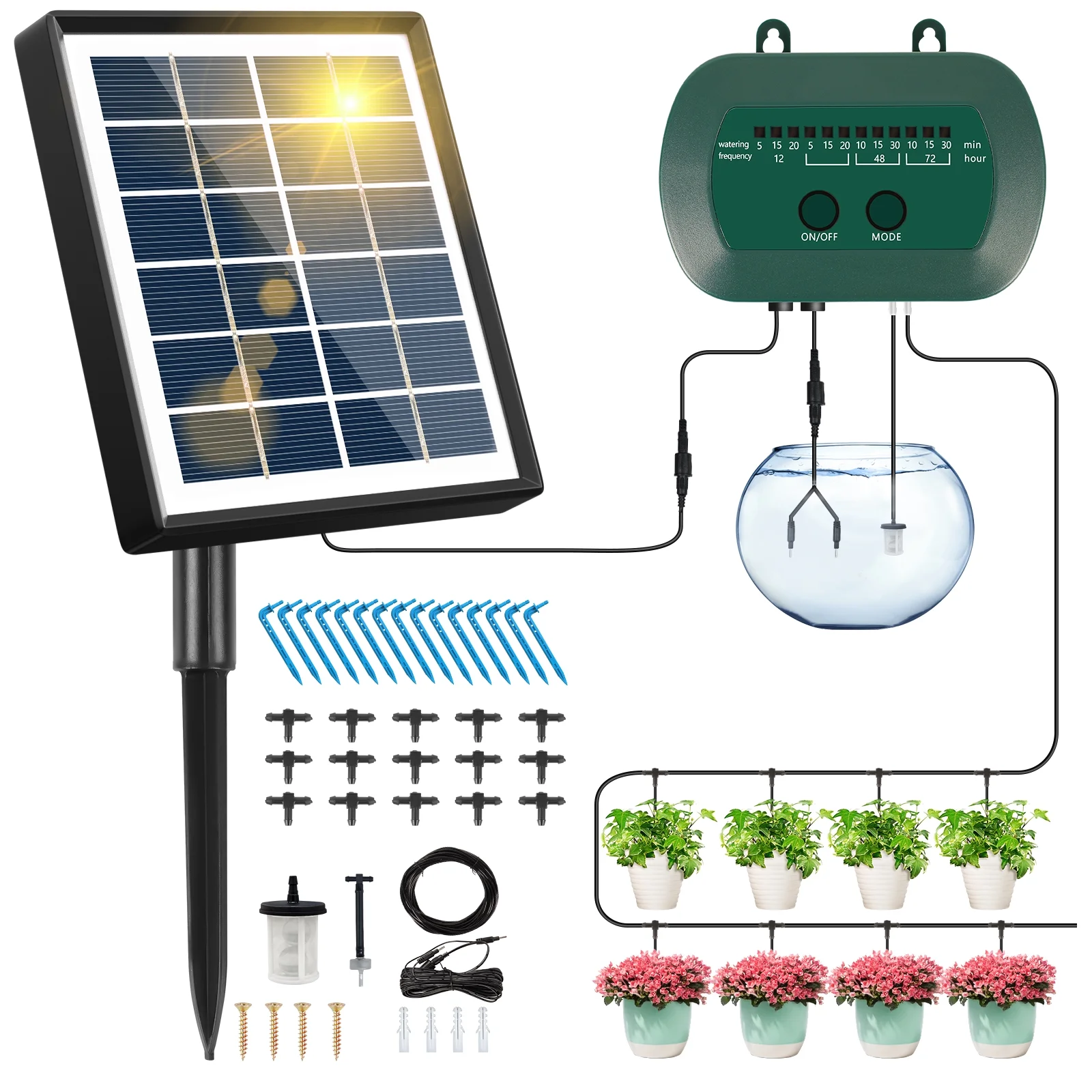 SUNOYAR Solar Drip Irrigation System, Automatic Drip Irrigation Kit with Sensor Timer 12 Timing Modes, Irrigation System for Garden Plant Watering Devices