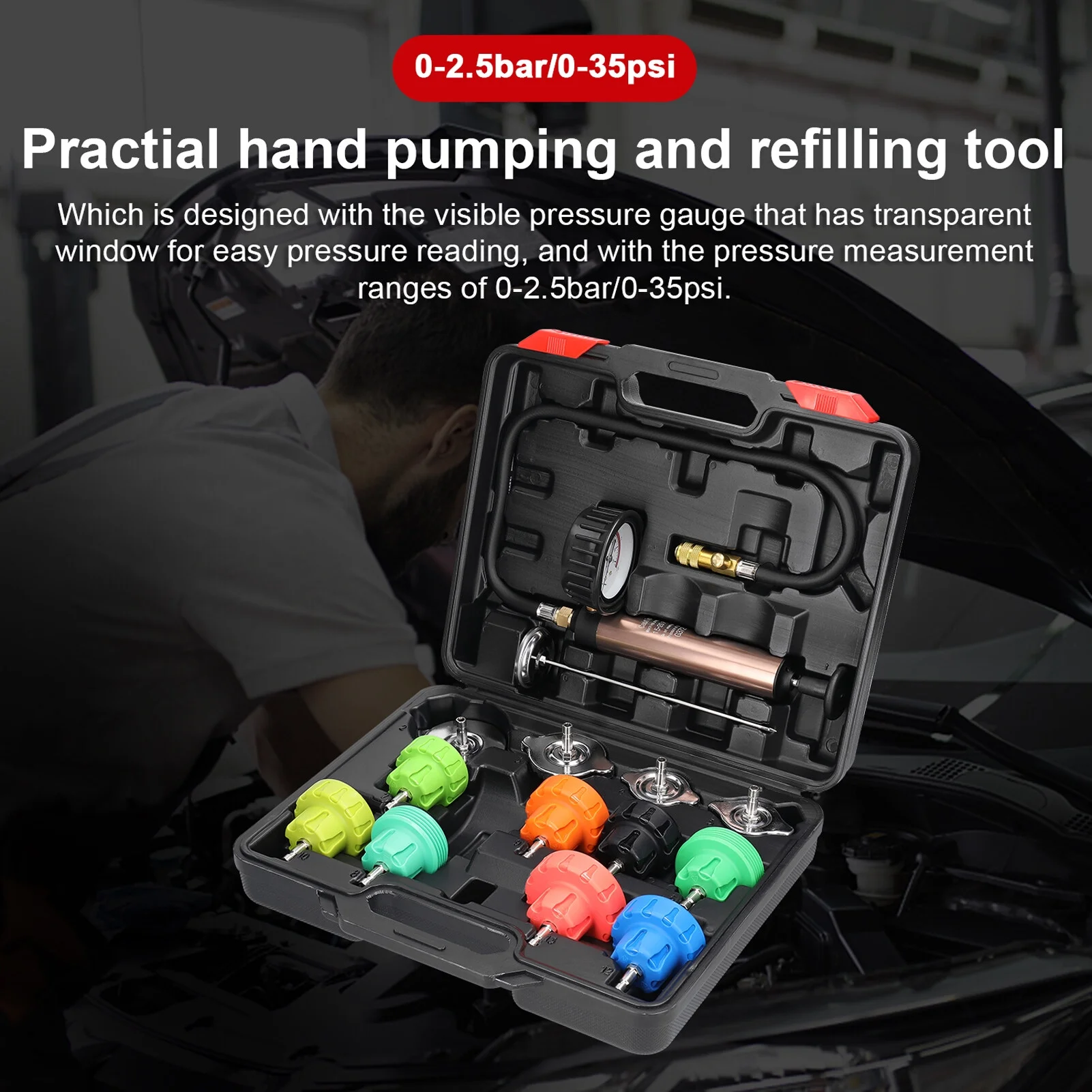 Universal Car Tanks Leak Detection Automotive Leakage Detector Tool Radiator Water Pressure Tester Auto Air Conditioning Cooling Coolant Vacuum Purge Tool Kit