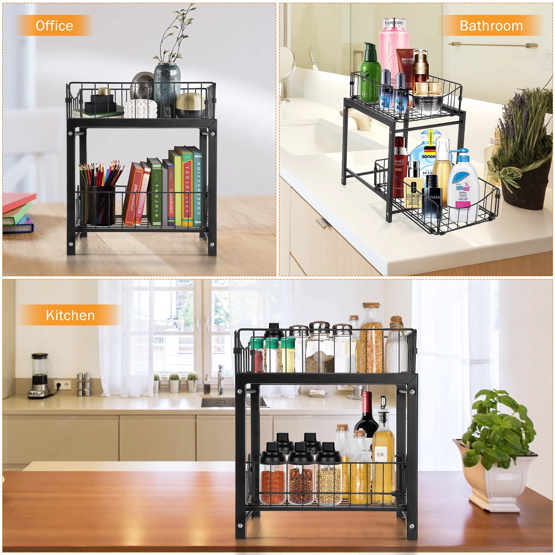 2-Tier Pull-Out Storage Rack, Under Sink Cabinet Sliding Drawer Organizer Basket Shelf, Metal Black