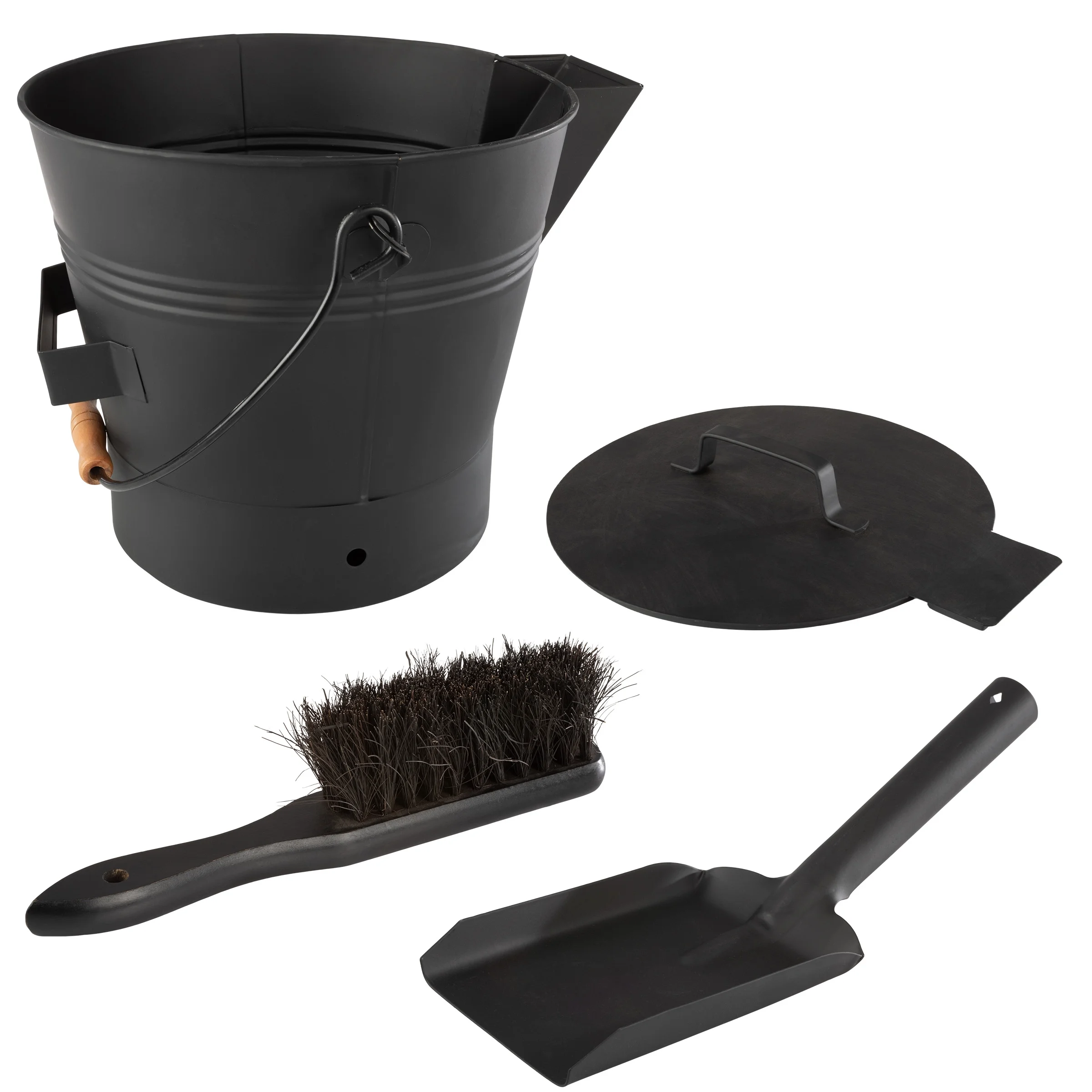 Pure Garden 2.11Gal Metal Ash Bucket with Lid, Broom, and Shovel (Black)
