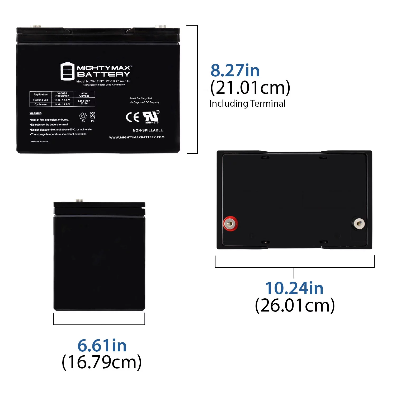 ML75-12INT -12 Volt 75 AH, Internal Thread (INT) Terminal, Rechargeable SLA AGM Battery