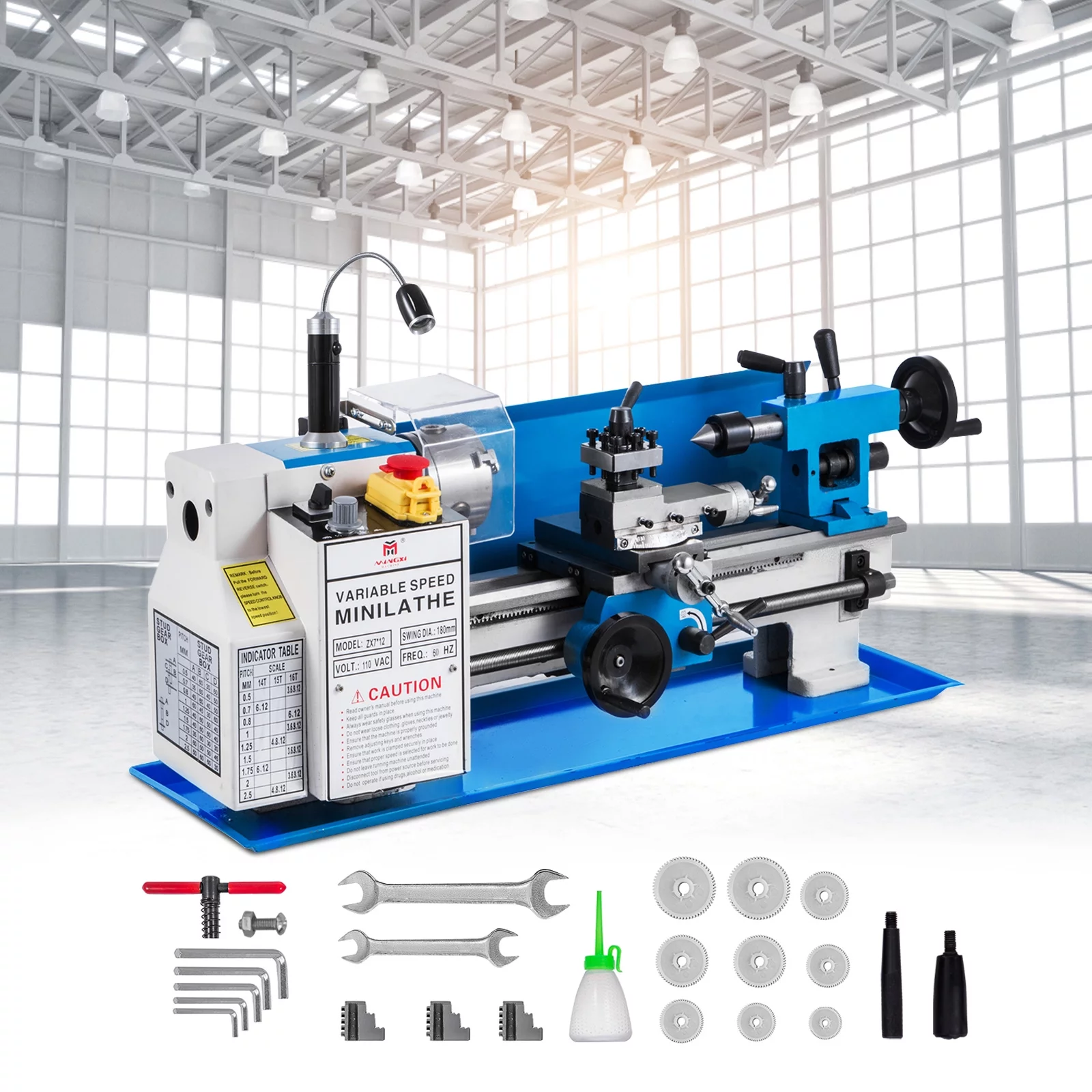 BENTISM Bench Top Mini Metal Milling Lathe 7x12 Variable Speed 0-2250 RPM w/ Lamp