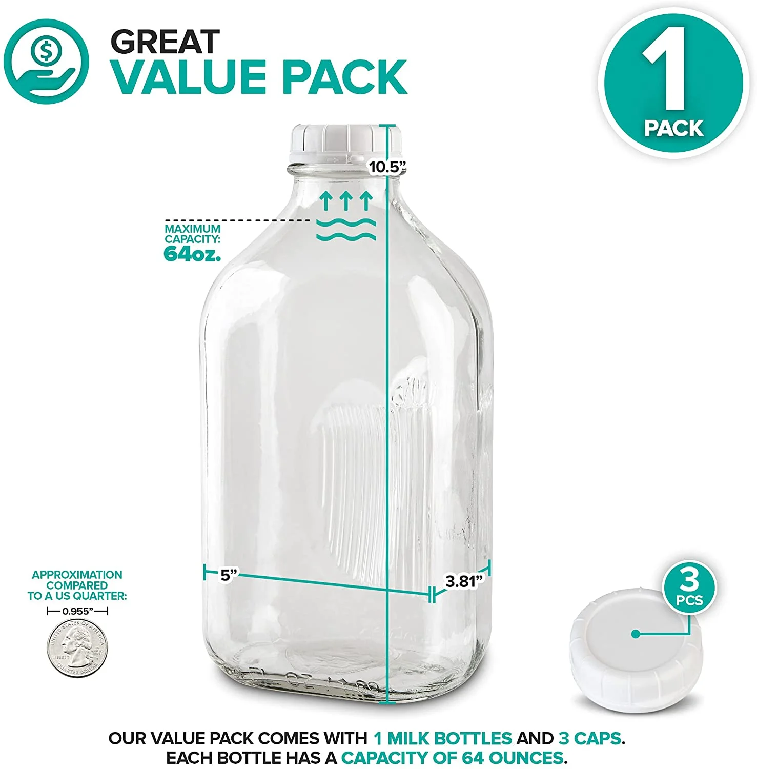 64-Oz Glass Milk Bottles with 3 White Caps (1 Count ) - Food Grade Glass Bottles - Dishwasher Safe - Bottles for Milk, Buttermilk, Honey, Tomato Sauce, Jam, Barbecue Sauce -Stock Your Home