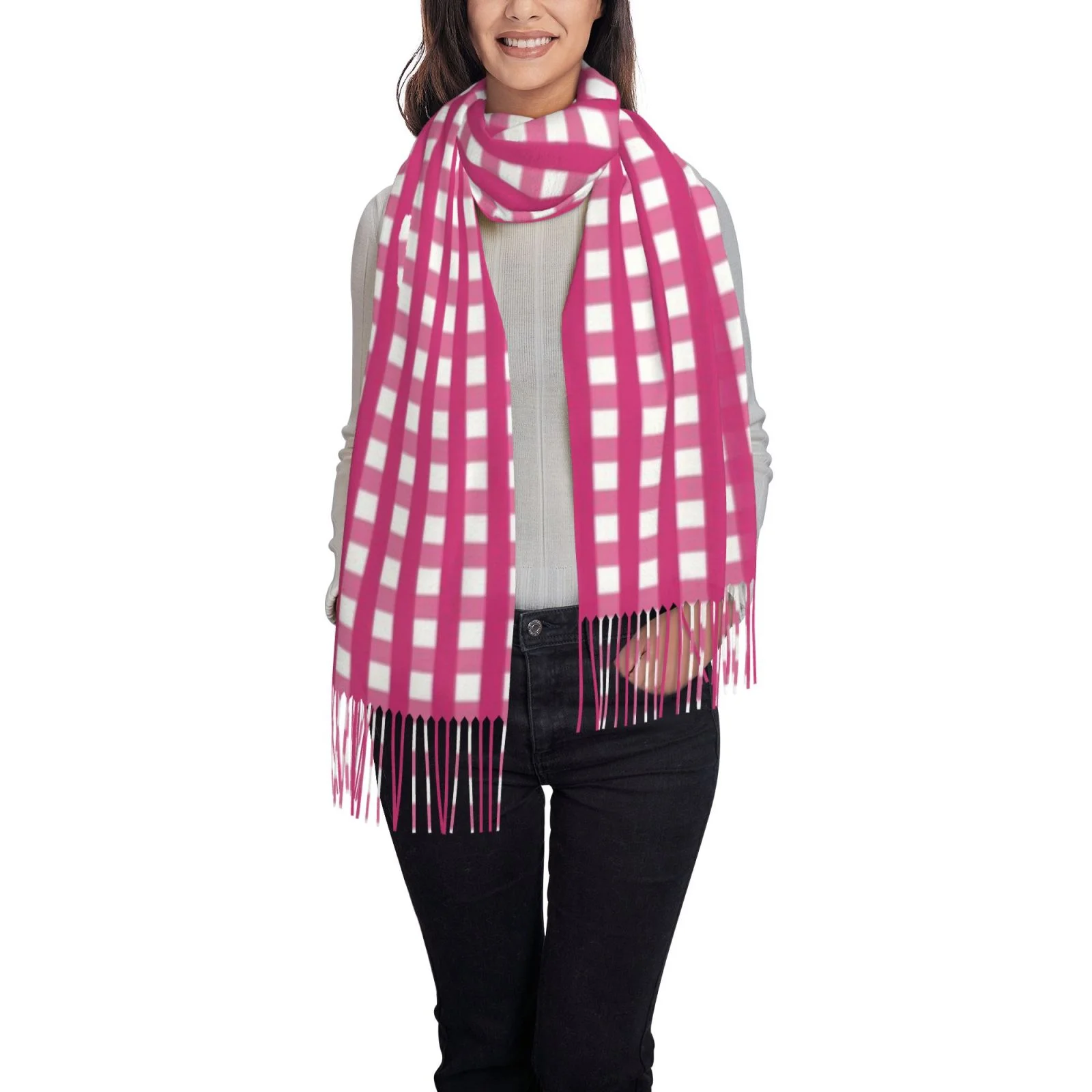 Ocsxa Scarf Shawl Wraps For Women Soft Cashmere Scarf Pink Gingham Printed Large Blanket Scarf