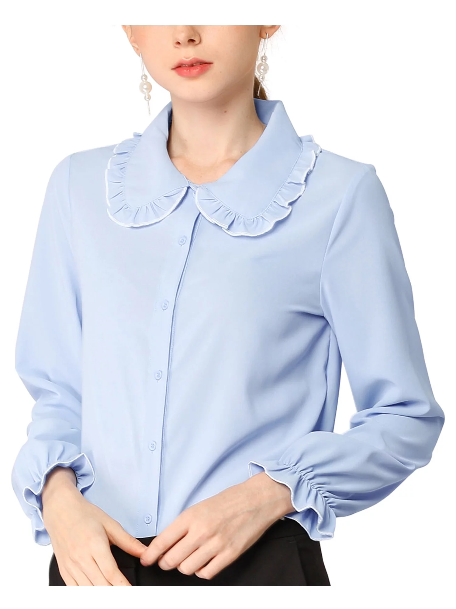 MODA NOVA Junior's Sweet Ruffle Peter Pan Collar Button Up Shirt Light Blue M