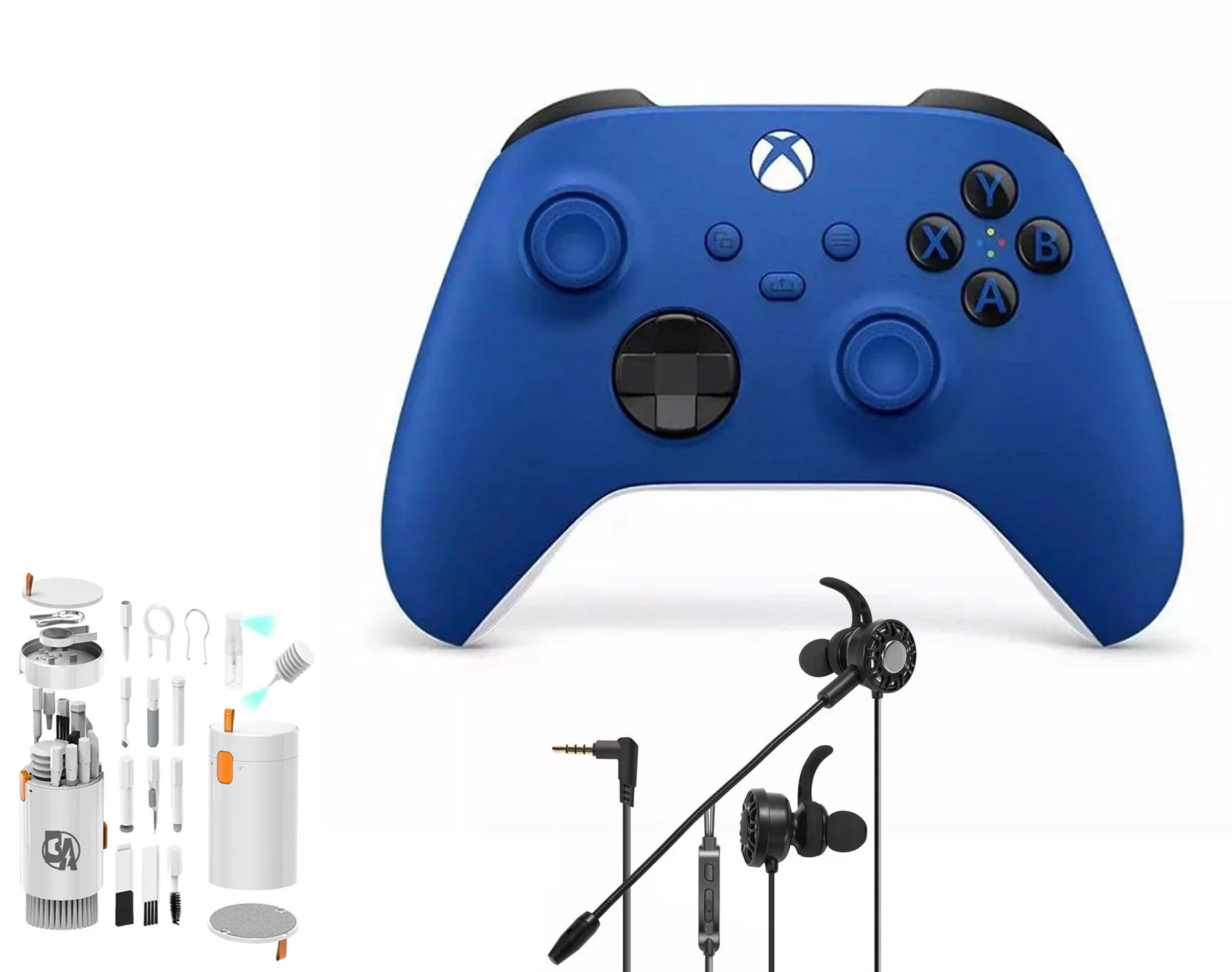 Microsoft Xbox Wireless Shock Blue Controller for Xbox Console + Wired Earbuds With Cleaning Kit BOLT AXTION Bundle Like New