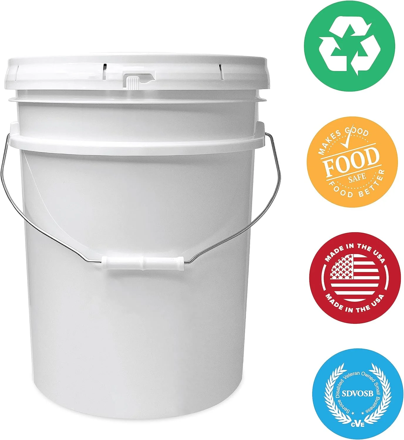 5-Gallon White Plastic Bucket with Lid - Durable 90 Mil All Purpose Pail - Food Grade - Contains No BPA Plastic - Recyclable - Made in USA - 6 Count