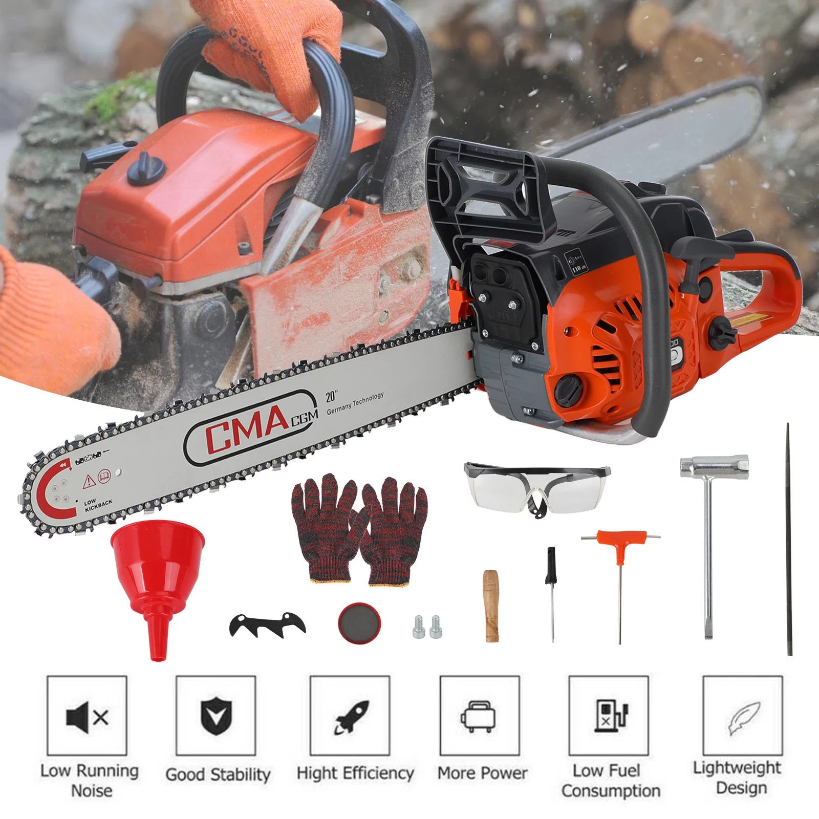 TOPTENG Gas Cordless Chainsaw 20 inch, 2-Cycle Gasoline Powered Chain Saw, 68CC Handheld Cordless Chainsaw, Automatic Chain Oiler, Garden Tool for Cutting Wood Trees