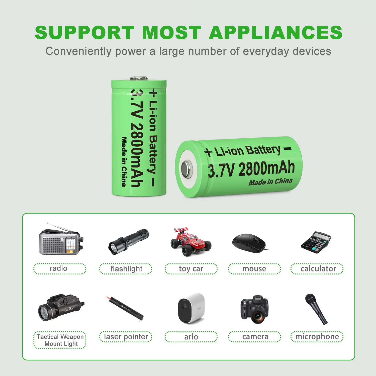 2800mAh 3.7v 16340 Rechargeable Batteries for Camera Flashlight (Green, 12PC)