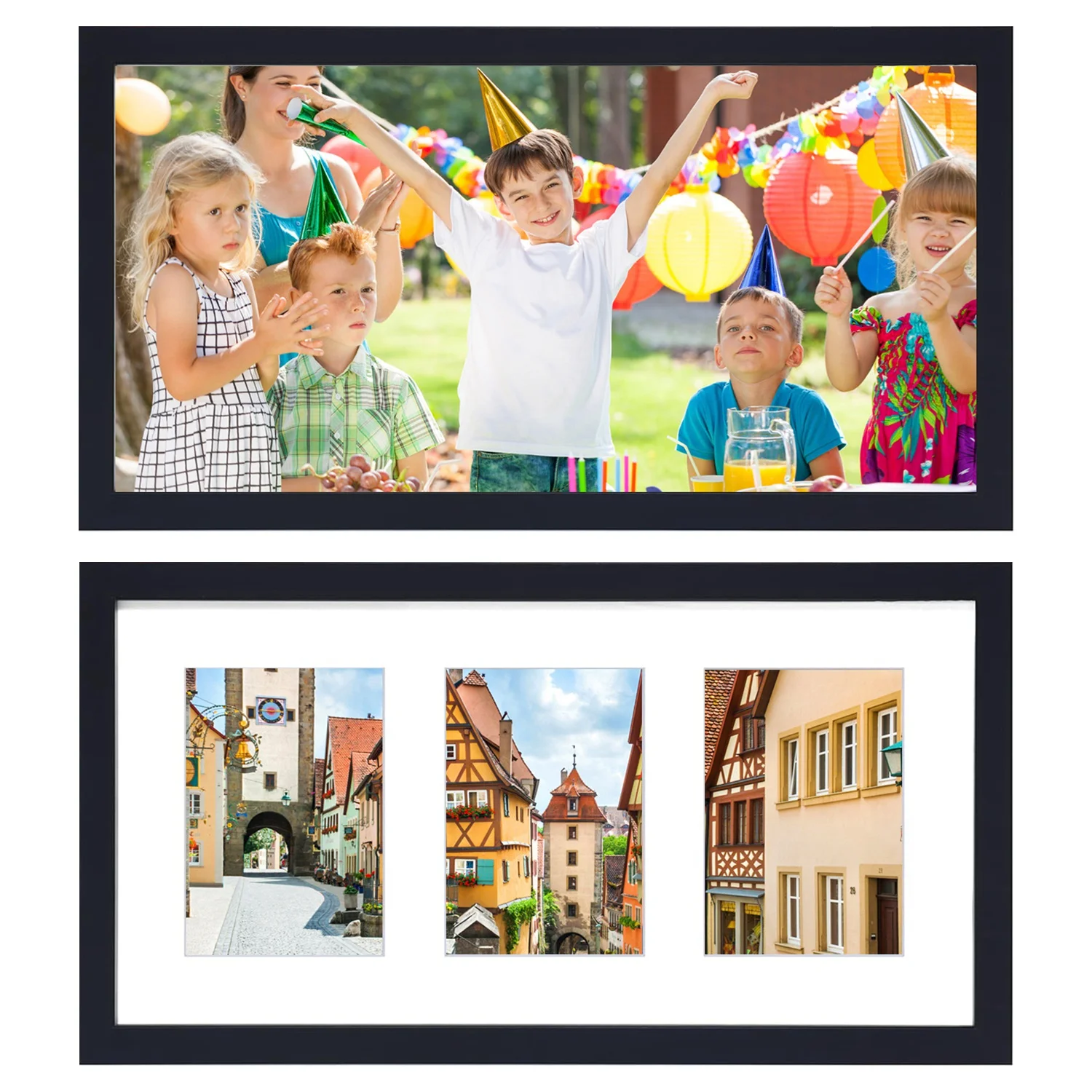 2Pcs Picture Frame iMounTEK 20.8x10.8 Collage Black Gallery Photos Frame Display Three 5x7 Photos Horizontal or Vertical PVC Picture Frame with Plexiglass Glass and Hanging Hardware