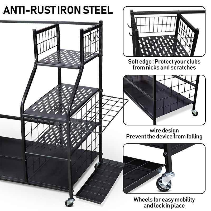 Golf Bag Organizer Garage Storage, Golf Bag Rack Fits Two Golf Bags and Golf Equipment Accessories, Golf Stand with Fixed Base and Movable Wheels for Garage, Basement and Entrance