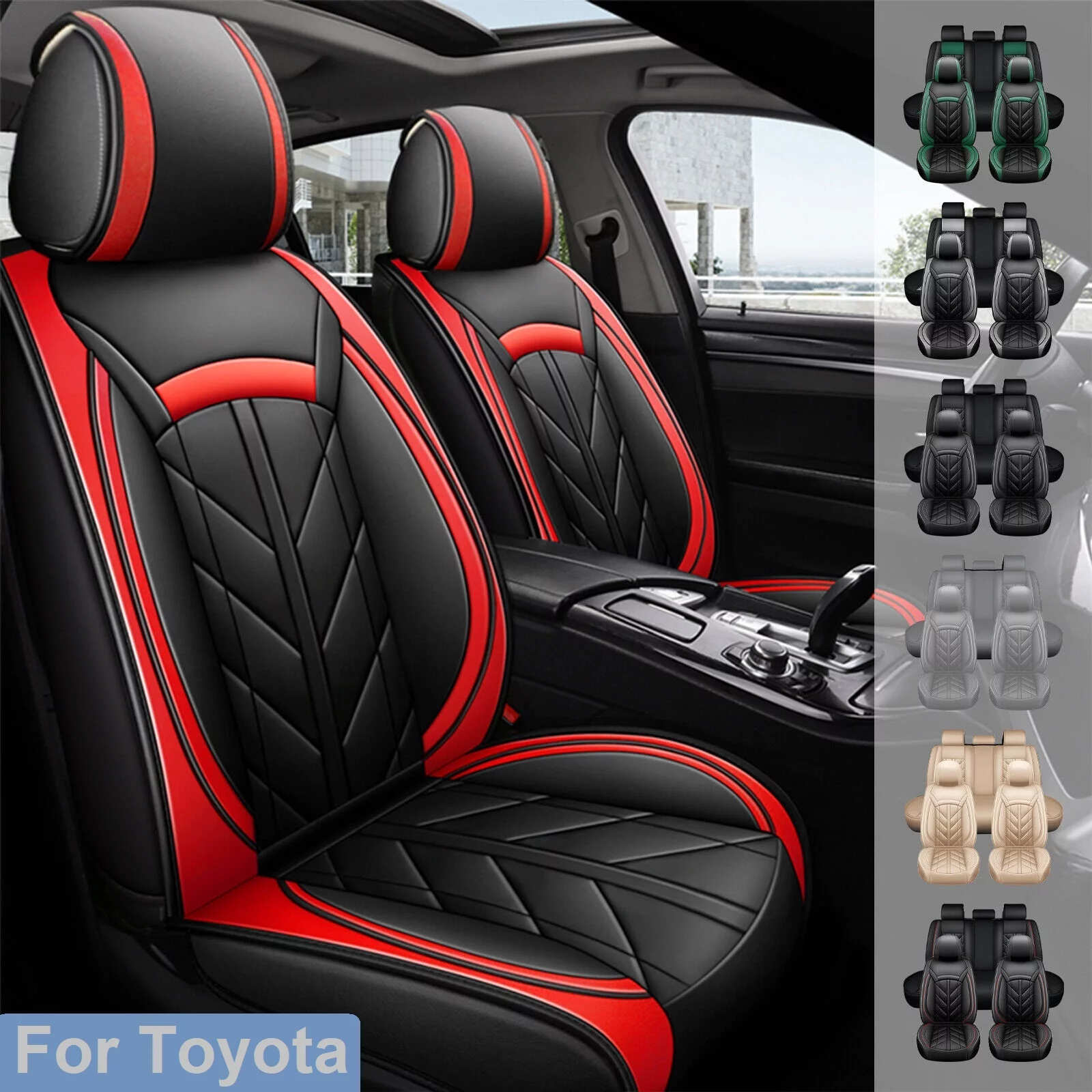 Car Seat Covers for Toyota 5 Seats Full Set, Waterproof Pu Leather Auto Cushion Protector, Front Rear Seat Cover for Camry Corolla Prius Avalon Matrix Echo Cressida, Black+Red
