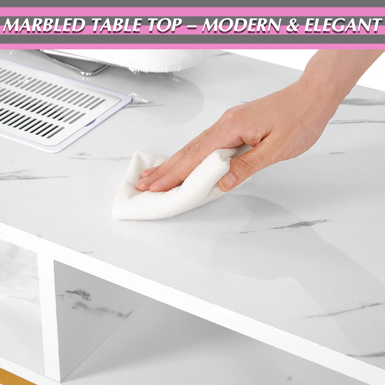Marble White Manicure Table Nail Desk Technician Desk Salon Workstation with Electric Dust Collector, Shelves, Foldable Armrest, Golden Legs