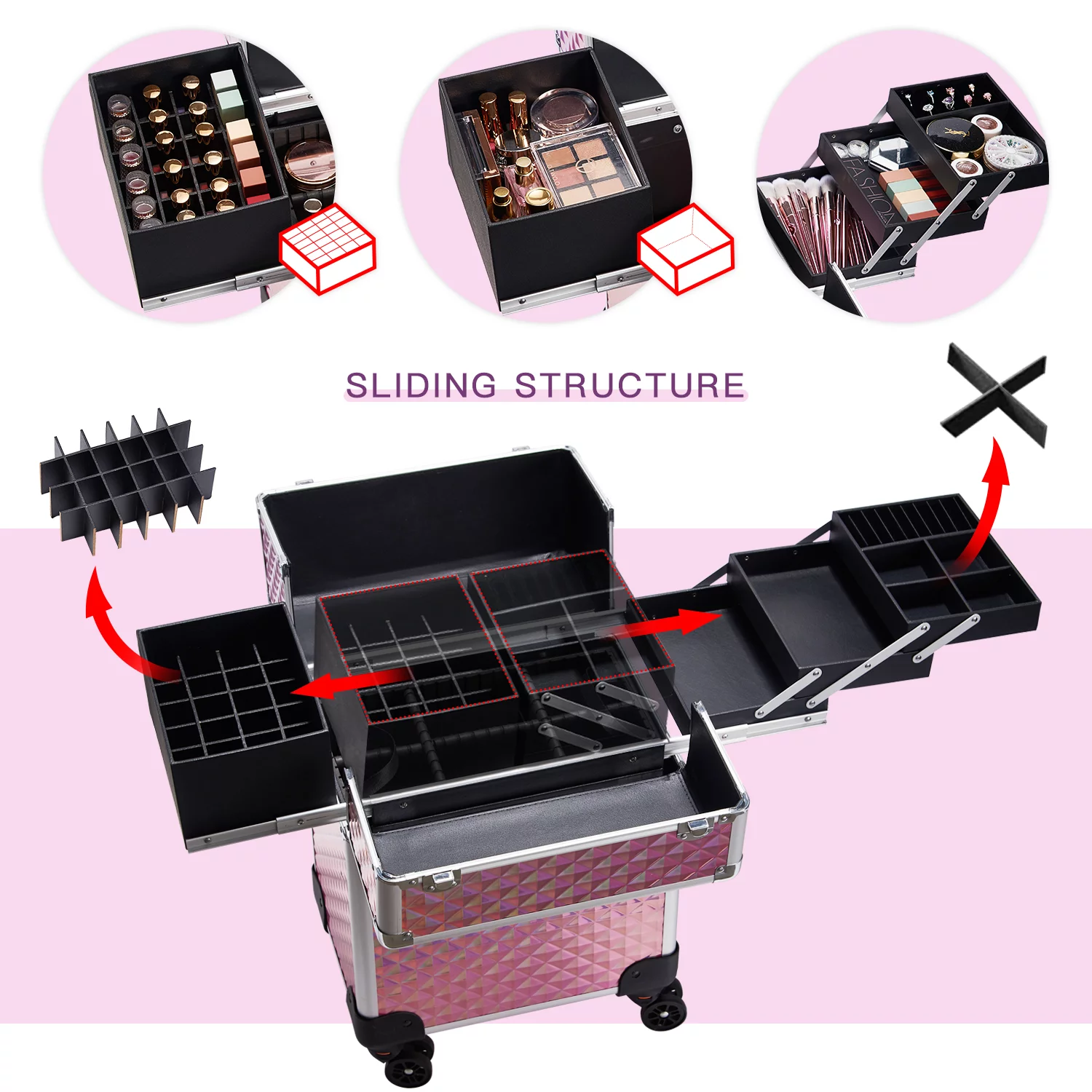 Joligrace Rolling Makeup Train Case Professional Cosmetic Trolley 4 Trays & 1 Cubby with Sliding Rail