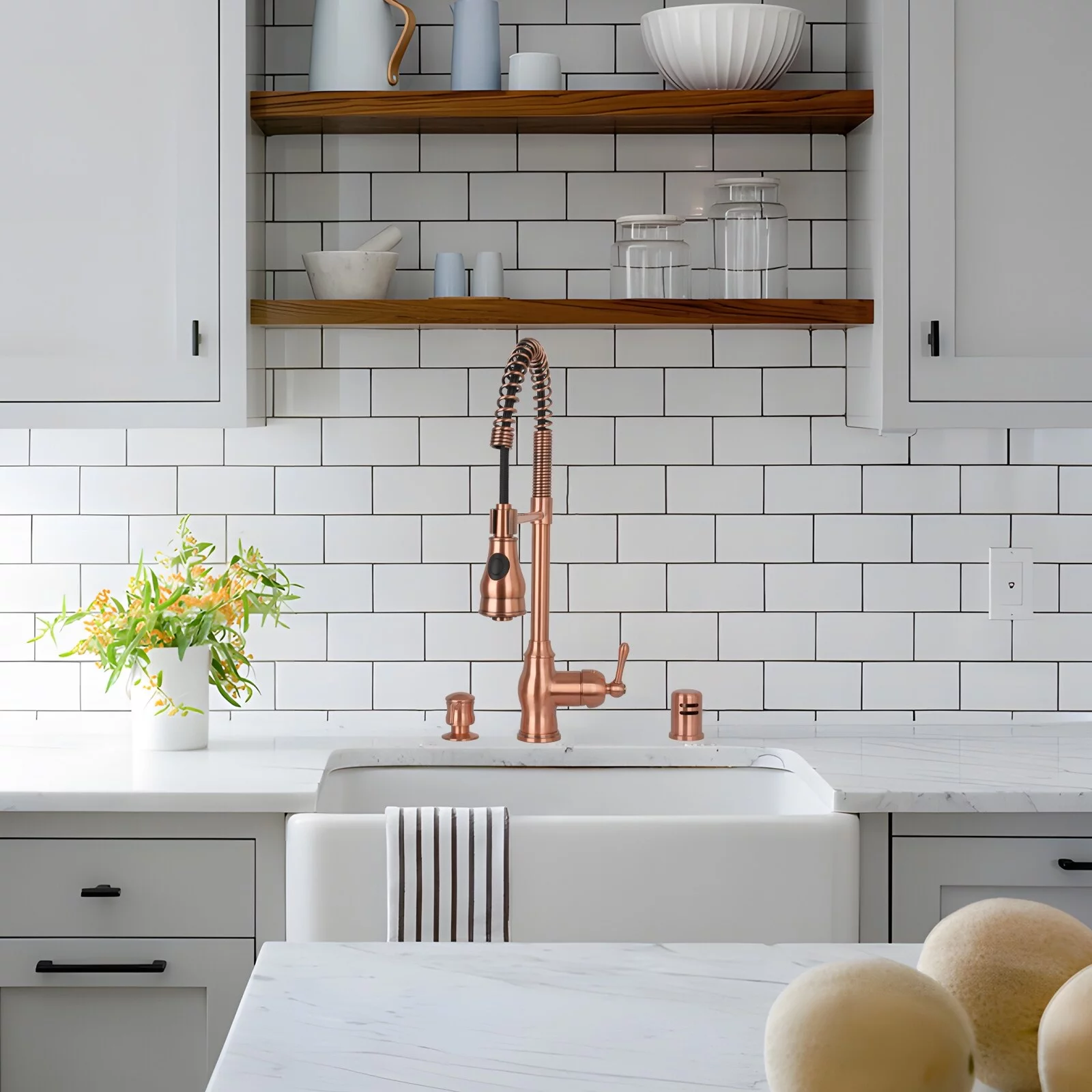 Copper Pre-Rinse Spring Kitchen Faucet, Single Level Solid Brass Kitchen Sink Faucets with Pull Down Sprayer - 8.8x20.9