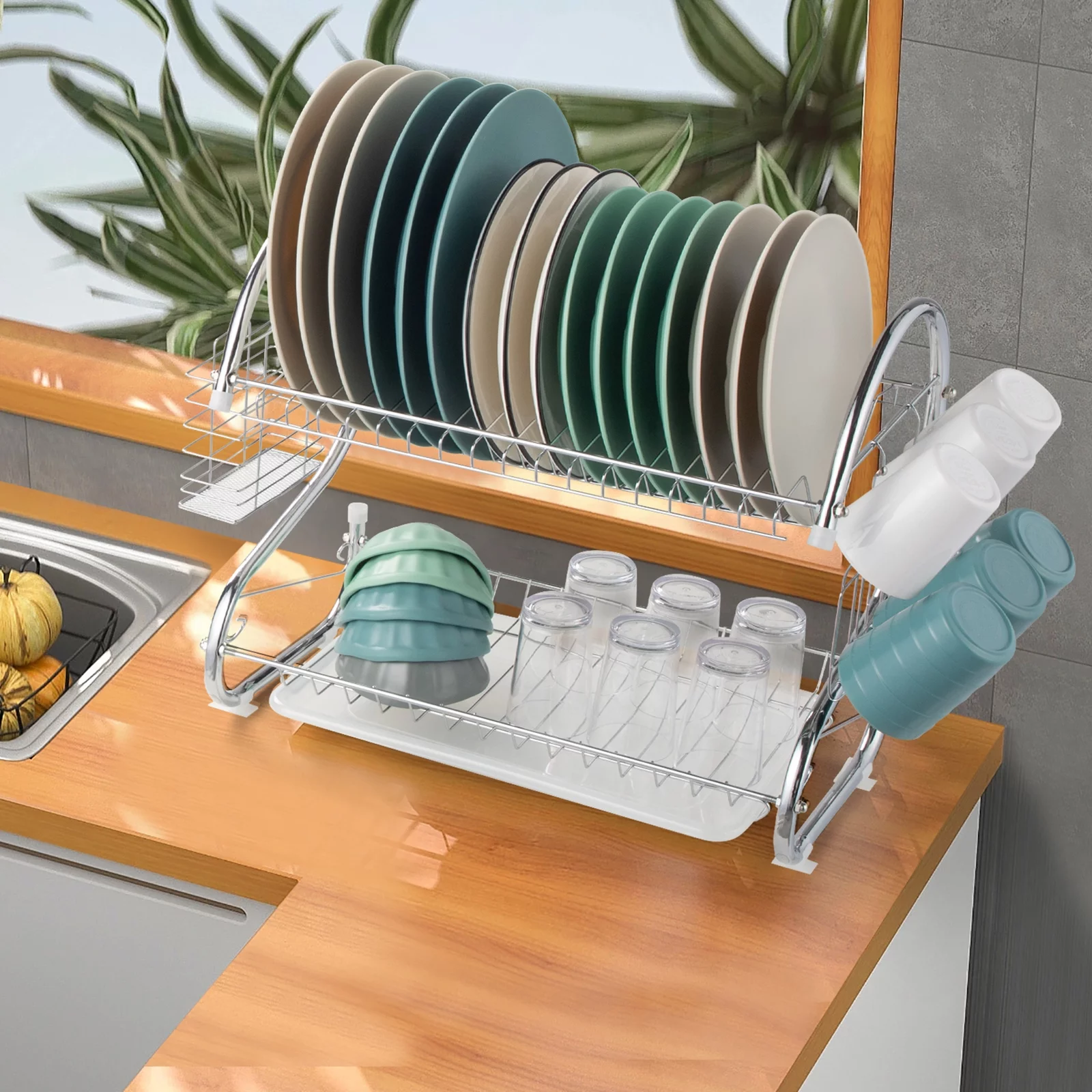 UBesGoo 2-Tier Kitchen Dish Cup Drying Rack Bowl Rack Kitchen Sink Dish Drainer Set