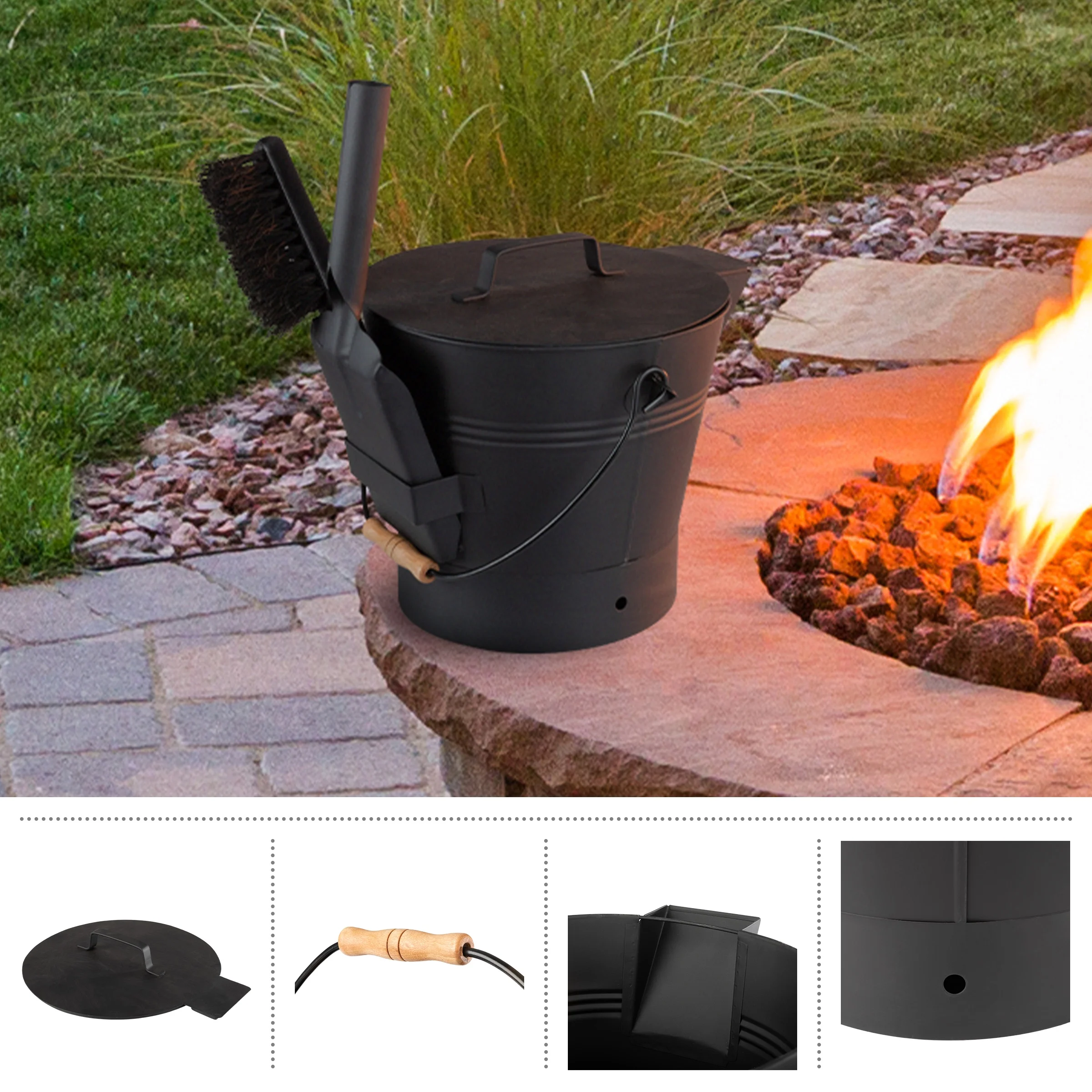 Pure Garden 2.11Gal Metal Ash Bucket with Lid, Broom, and Shovel (Black)
