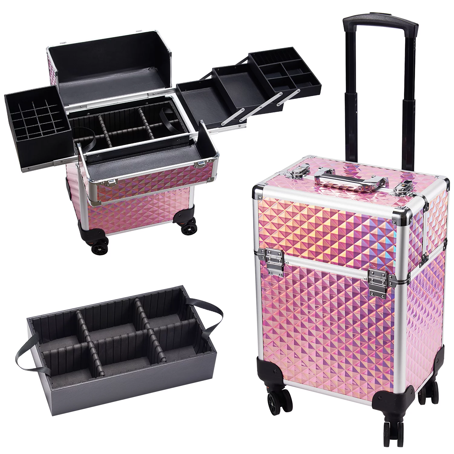 Joligrace Rolling Makeup Train Case Professional Cosmetic Trolley 4 Trays & 1 Cubby with Sliding Rail