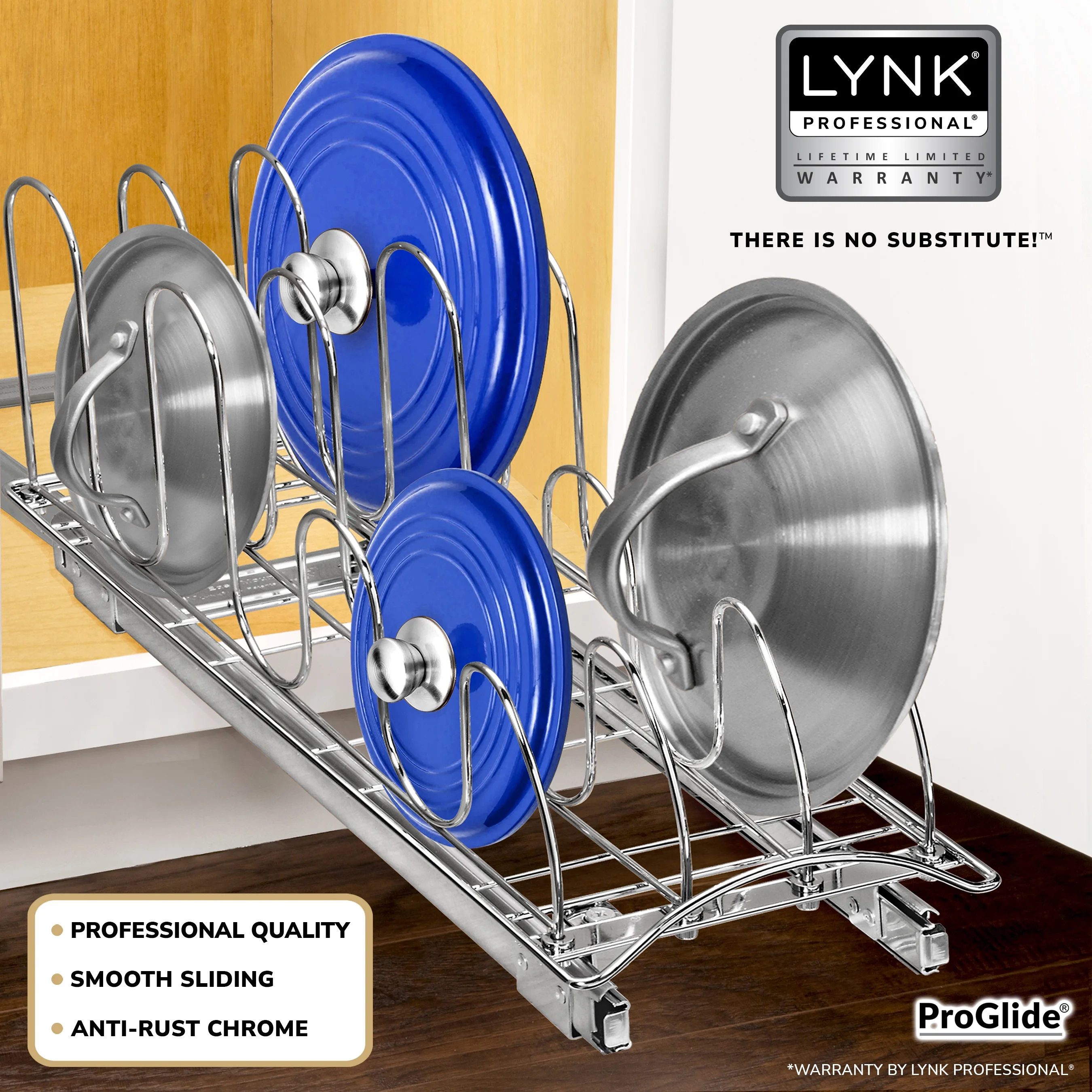 LYNK PROFESSIONAL® Slide Out Pan and Pot Lid Organizer for Cabinet - Pull Out Lid Organizer for Cabinet - Lifetime Limited Warranty - 7.25 inch wide x 21 inch deep - Chrome