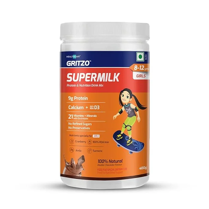 Gritzo Supermilk Protein Powder 8-12Y For Girls Double Chocolate Flavour, 400 G