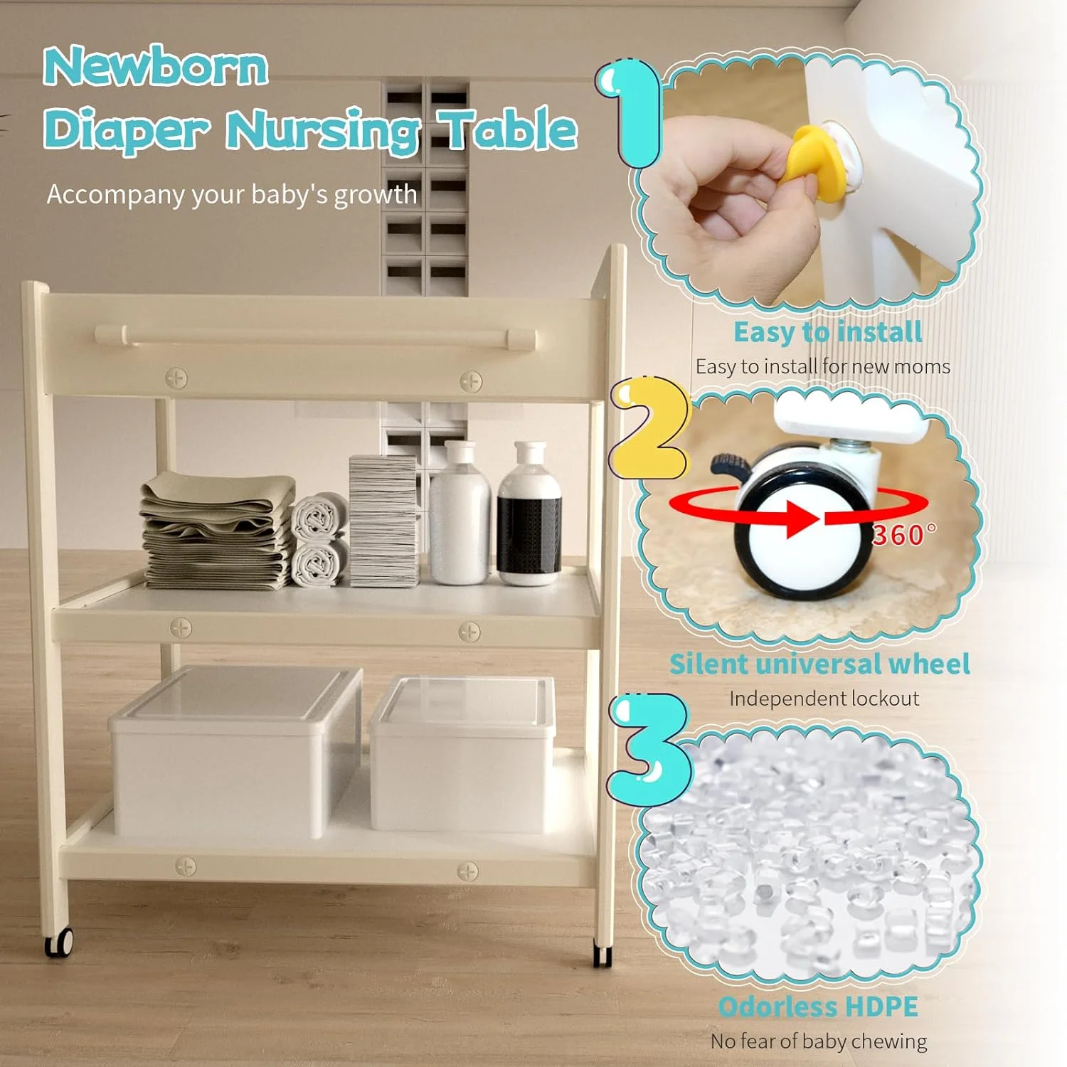 Baby Changing Table with Waterproof pad, Diaper Changing Station with Wheels, Portable Mobile Nursery Organizer for Newborn and Infant, Features Large Storage and Shelf, Beige