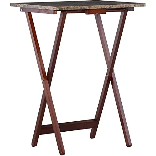 Riverbay Furniture 5 Piece Set Faux Marble TV Tray Table Stand in , 4 Tray Tables & 1 Stand