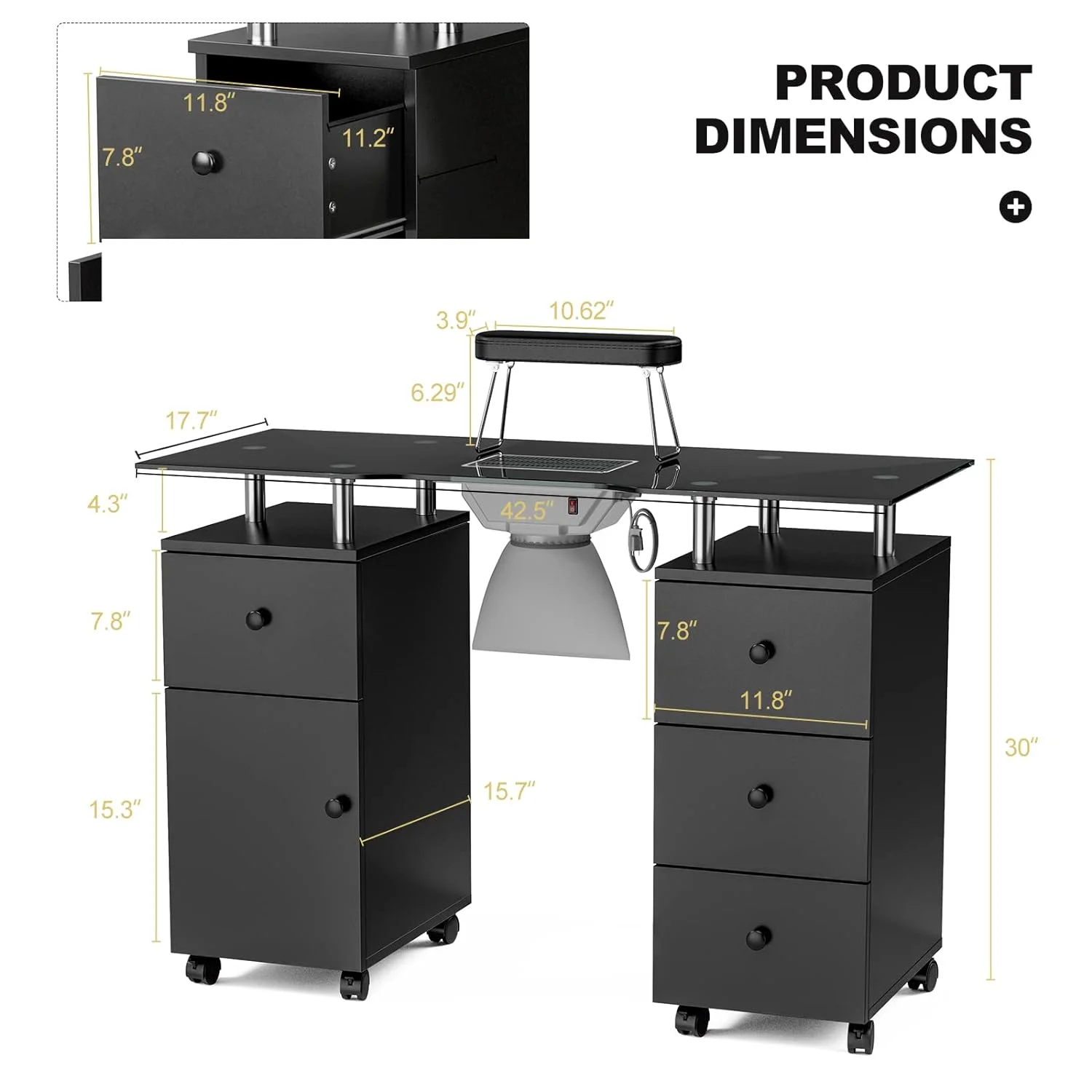 YiSHOP  Manicure Table, Glass Table Top Nail Table Station Nail Makeup Desk for Nail Tech w/Electric Downdraft Vent, Foldable Nail Arm Rest, Lockable Wheels, Storage Drawers, Wooden Handles (Black)