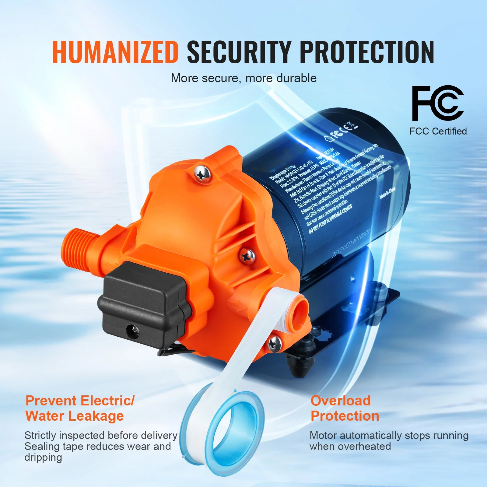 BENTISM Water Diaphragm Pump, 110V AC, 3.3 GPM Flow, 45 PSI (40-80 PSI Adjustable), 1/2