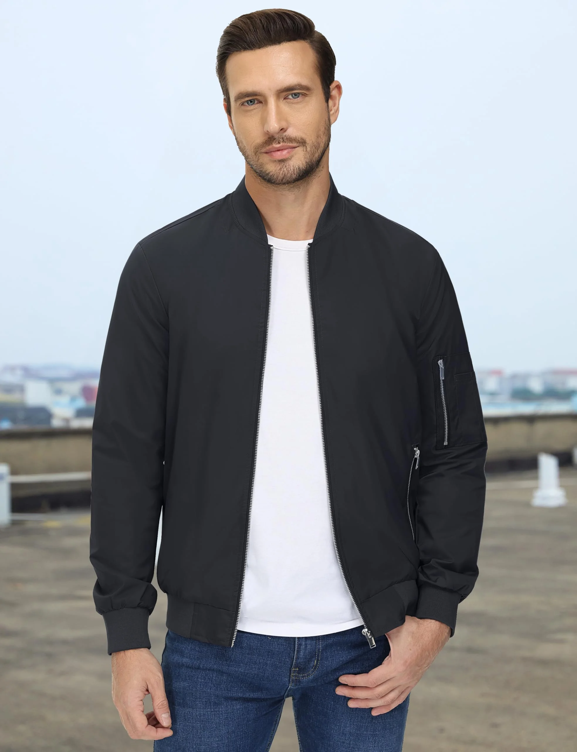 TACVASEN Mens Outdoor Casual Jacket Lightweight Windproof Bomber Coat Black M