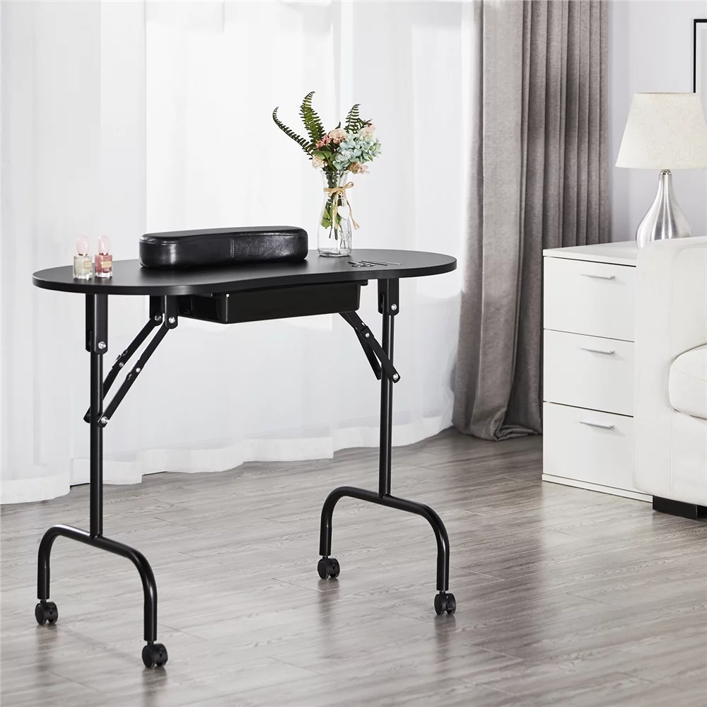 Alden Design Folding Manicure Table with Lockable Wheels and Bag, Black