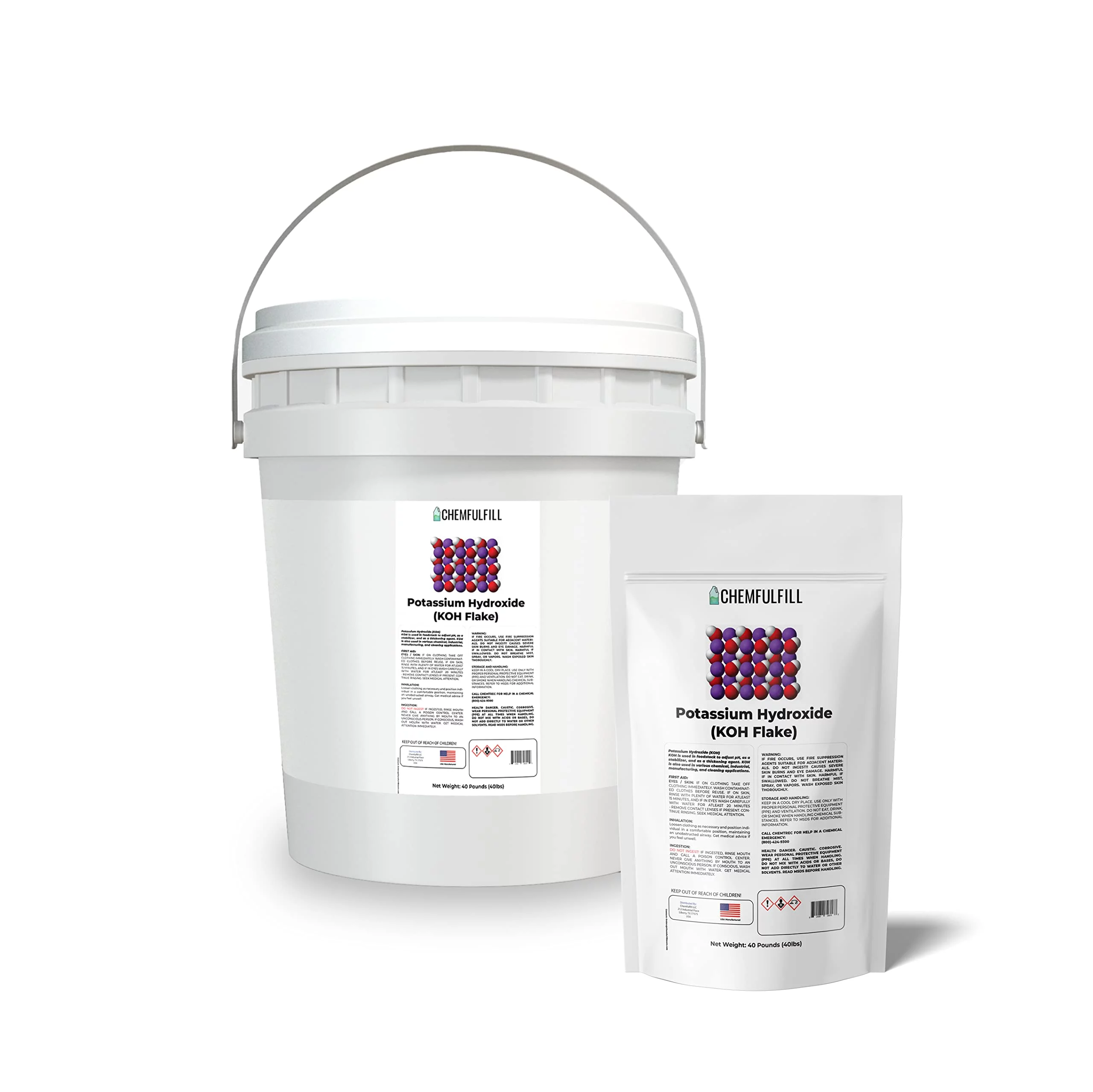 Chemfulfill Potassium Hydroxide � High Purity Caustic Potash (KOH) (40 Pound Bucket (40 lbs))