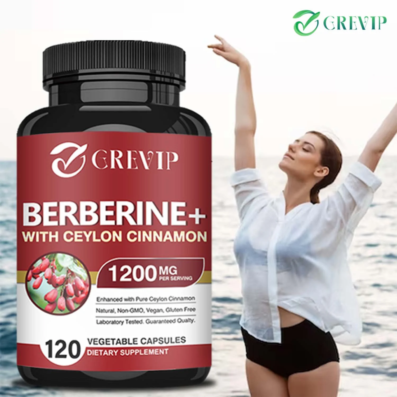 Grevip Berberine HCI+Ceylon Cinnamon 1200mg -Cardiovascular Health,Blood Sugar Support(30/60/120pcs)