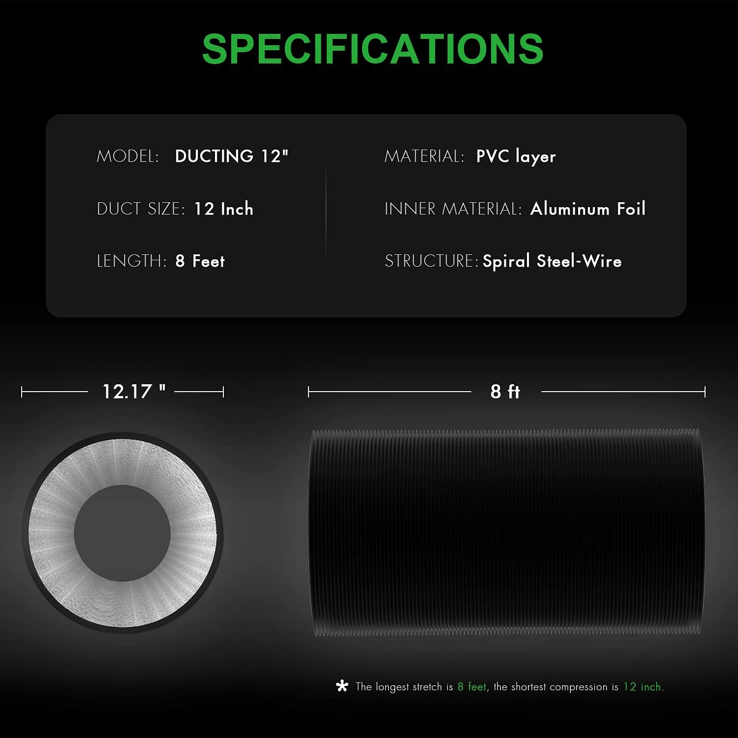 iPower Flexible 12 Inch 8 Feet Aluminum Ducting 4 Layer Protection Dryer Vent Hose for HVAC Heating Cooling Ventilation and Exhaust,Black