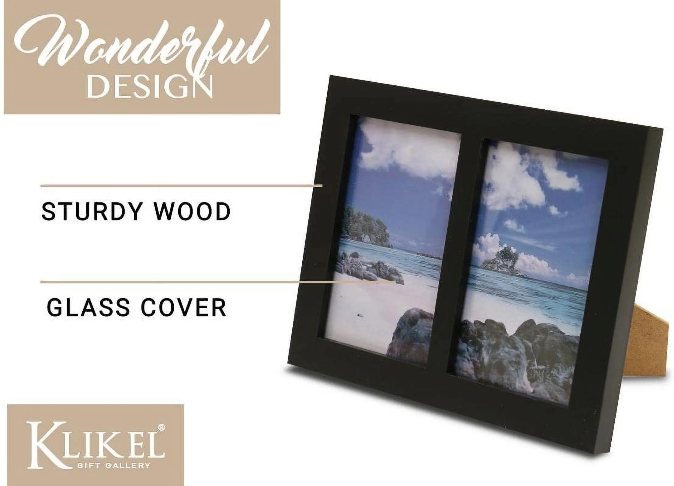 Klikel Photo Collage Frame - Black Wooden Wall Frame - 2 Openings – 5x7 Pictures - Decorative Family Picture Frame