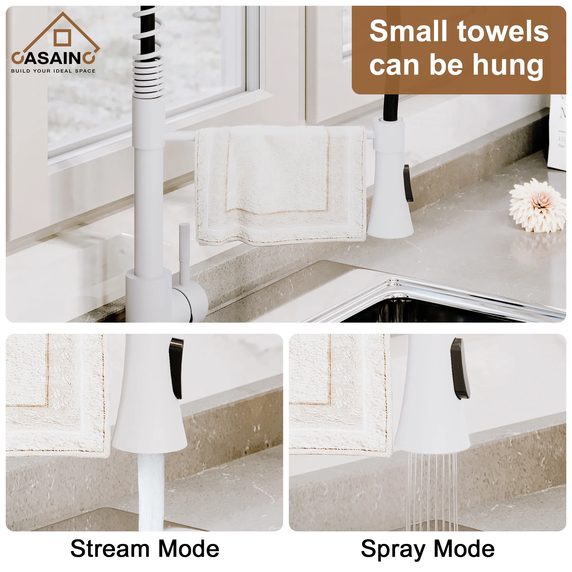 Single Handle Spring Standard Kitchen Faucet Deck Mounted Kitchen Sink Faucet with Dual-Function Sprayhead and Deck Plate in Matte White