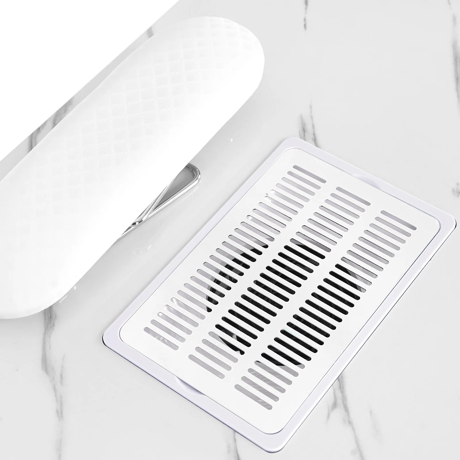 Marble White Manicure Table Nail Desk Technician Desk Salon Workstation with Electric Dust Collector, Shelves, Foldable Armrest, Golden Legs