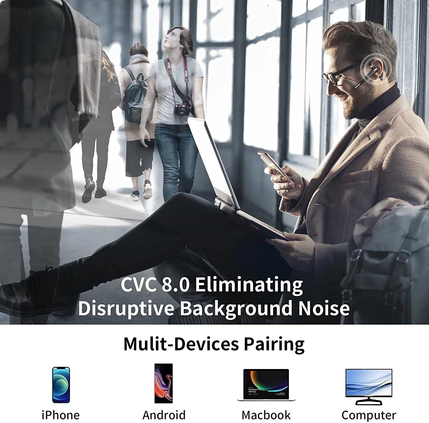 Bluetooth Earpiece for Cell Phone Noise Canceling Headphone with Microphone Wireless Headset Bluetooth Earpiece 5.1 Hands Free Headset CVC8 Compatible with iPhone Android for Business Office Driving