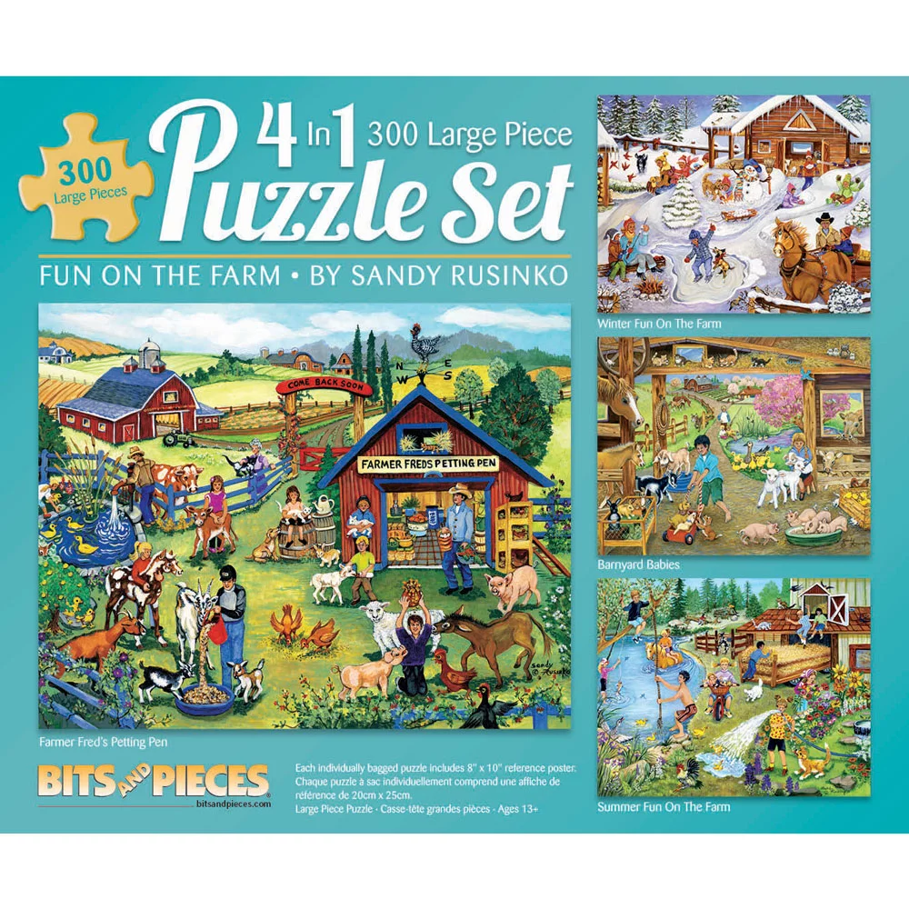 Bits and Pieces - 4-In-1 Multi-Pack On The Farm 300 Piece Jigsaw Puzzles for Adults - Each Puzzle Measures 16 