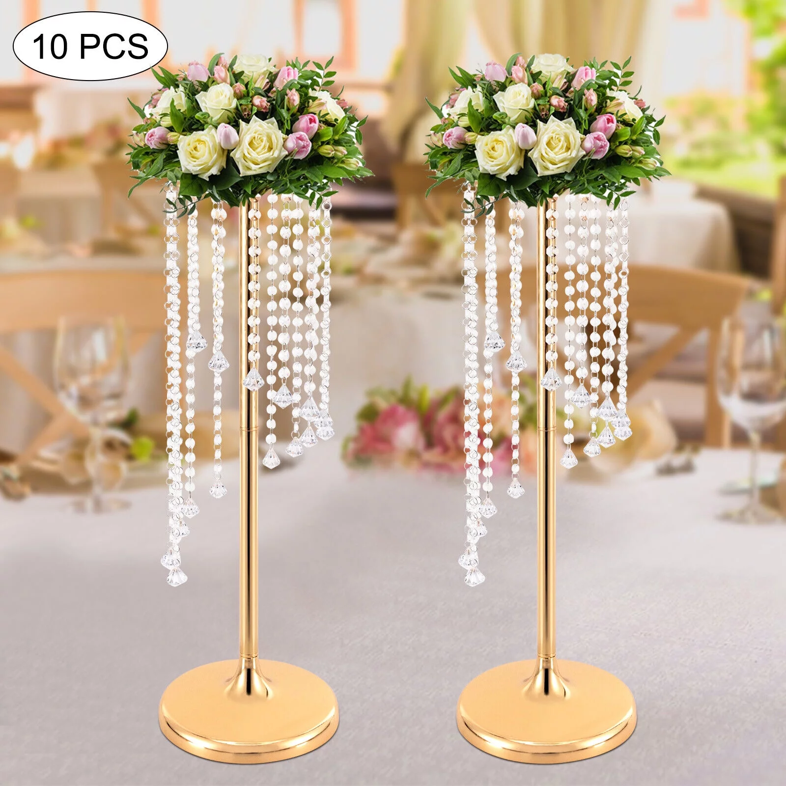 10Pcs 27.5 inch Tall Gold Vases Crystal Flower Vase For Wedding Centerpieces Decor