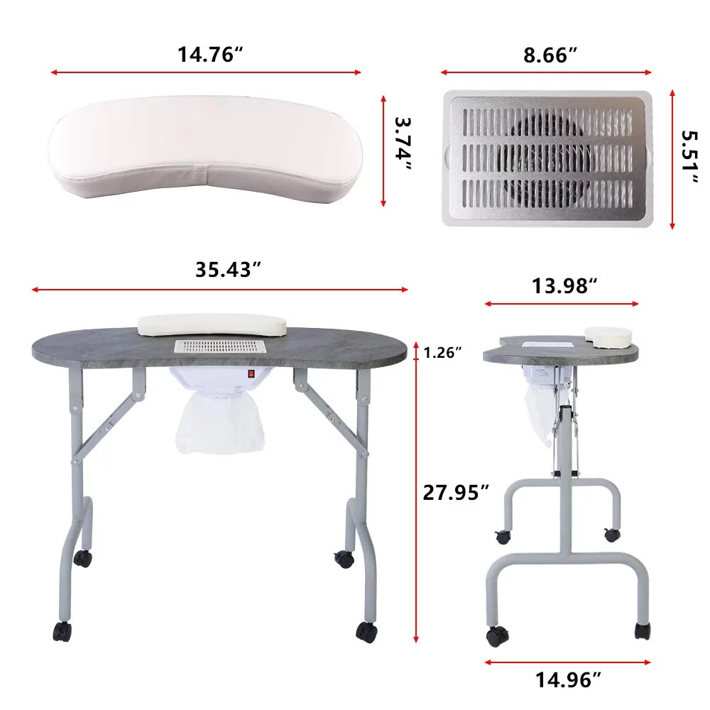 LUCKUP Portable Manicure Table Foldable Nail Desk with Dust Collector Professional Nail Tech Table for Technician Spa Salon Workstation, Client Wrist Pad Carry Bag 4 Lockable Wheels, 36-inch, Black