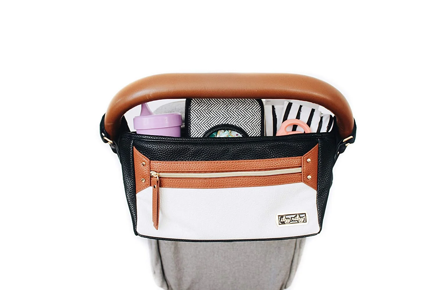 Itzy Ritzy Adjustable Stroller Caddy / Organizer - Stroller Organizer Bag Featuring Front Zippered Pocket, 2 Built-In Interior Pockets & Adjustable Straps to Fit Nearly Any Stroller (Coffee and Cream) Coffee & Cream